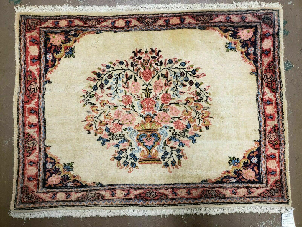 2' 7" X 3' 6" Antique Rug Hand Knotted Pictorial Wool Oriental Flowers