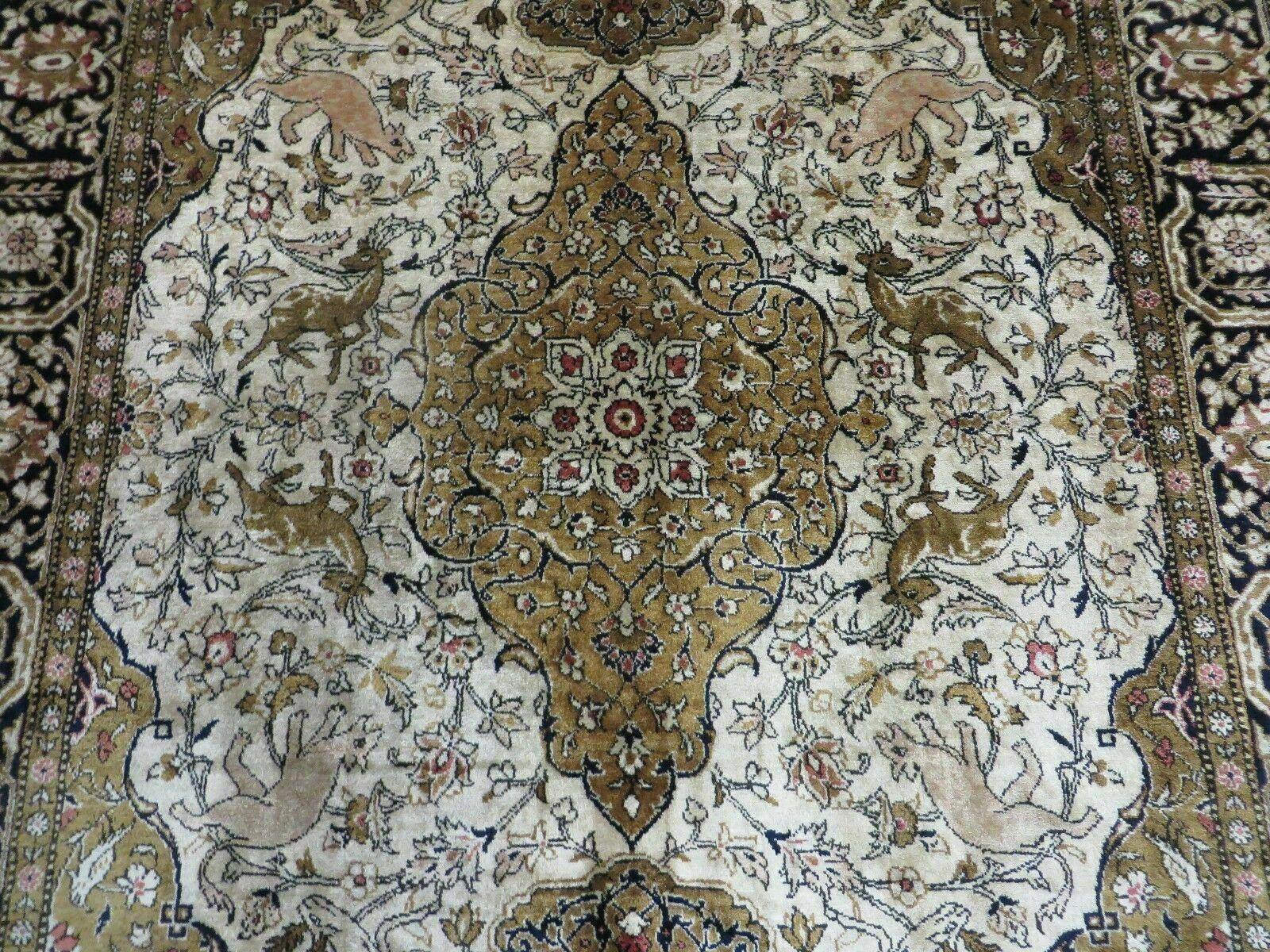 Handmade Silk Rug 3x5, Vintage Antique Silk Carpet, Hand-Knotted Oriental Rug 3 x 5, Animal Motifs, Deer Birds, One-Of-A-Kind