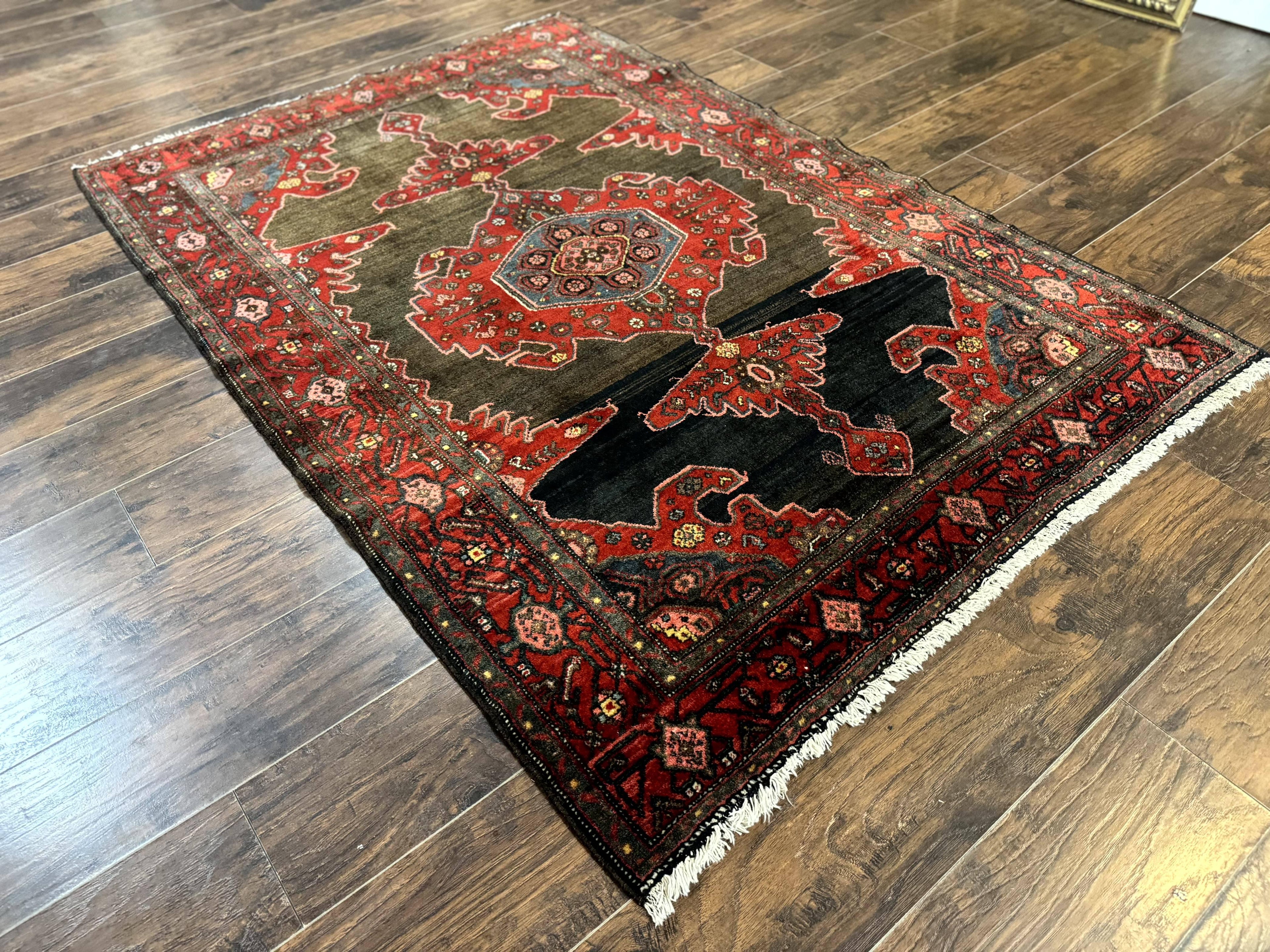 Antique Persian Tribal Rug 5x7, Geometric Wool Carpet, Kurdish Senneh Rug