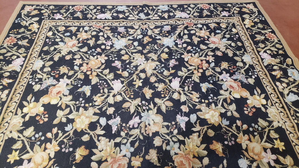 6x9 Vintage Needlepoint Rug, Petitepoint Carpet, Butterflies Floral Design