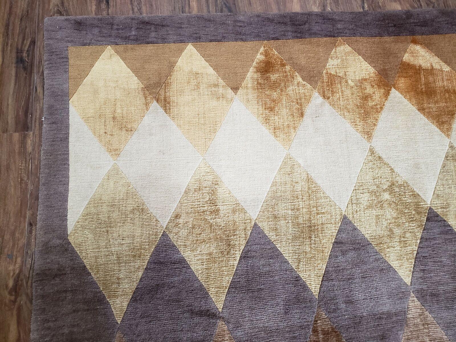 Modern Tibetan Rug 8.6 x 11, Wool and Silk, Multicolor, Diamond Panel Design