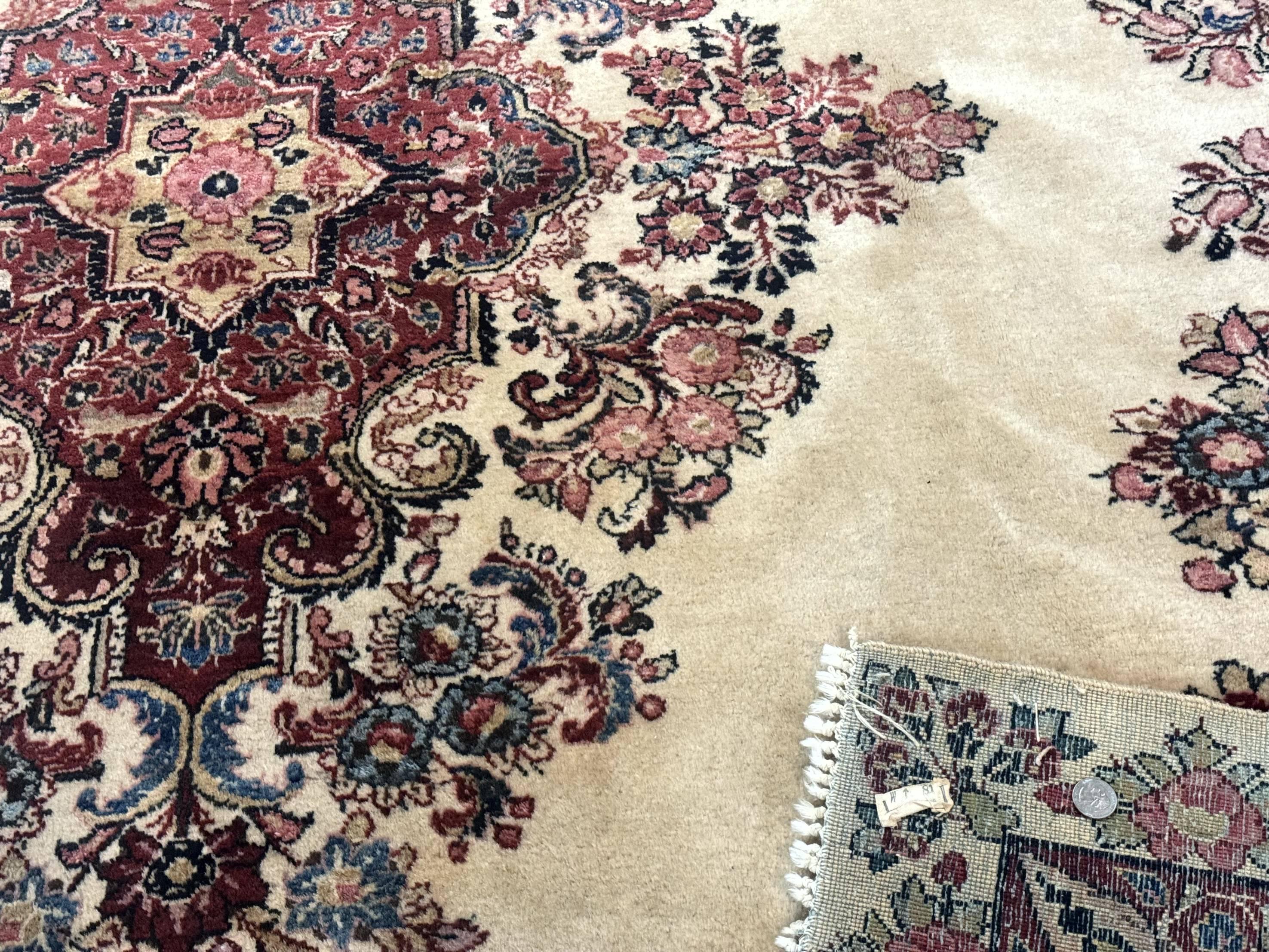 Persian Sarouk Rug 9x12, Ivory & Blue, Semi Open Field