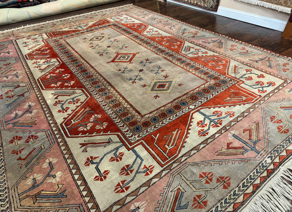 Large Turkish Milas Rug 10x13, Gray, Vintage, Wool on Wool