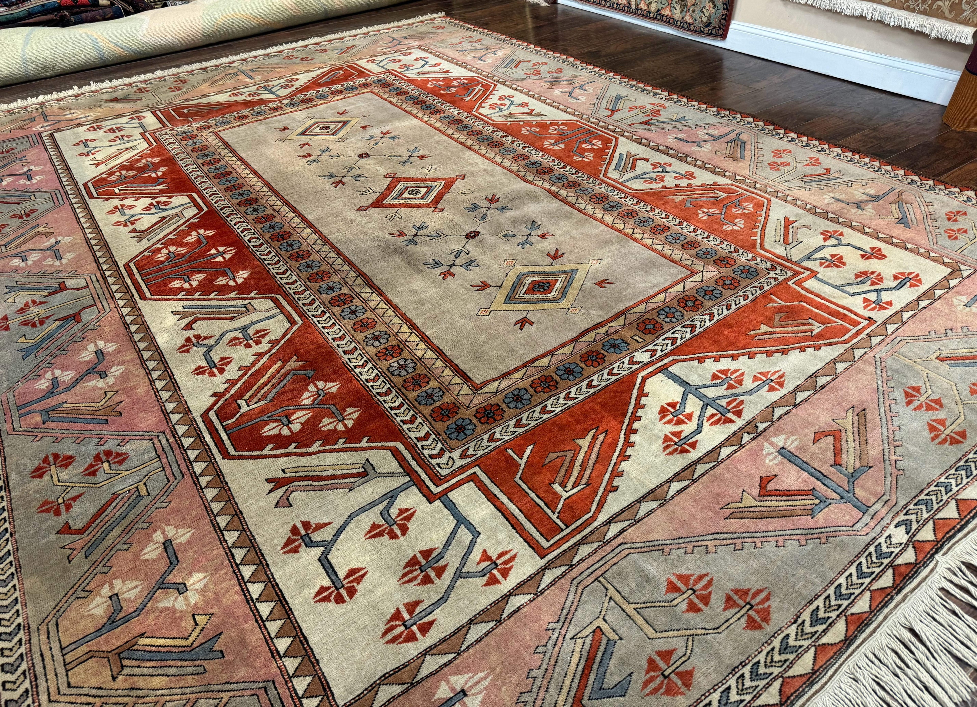 Large Turkish Milas Rug 10x13, Gray, Vintage, Wool on Wool