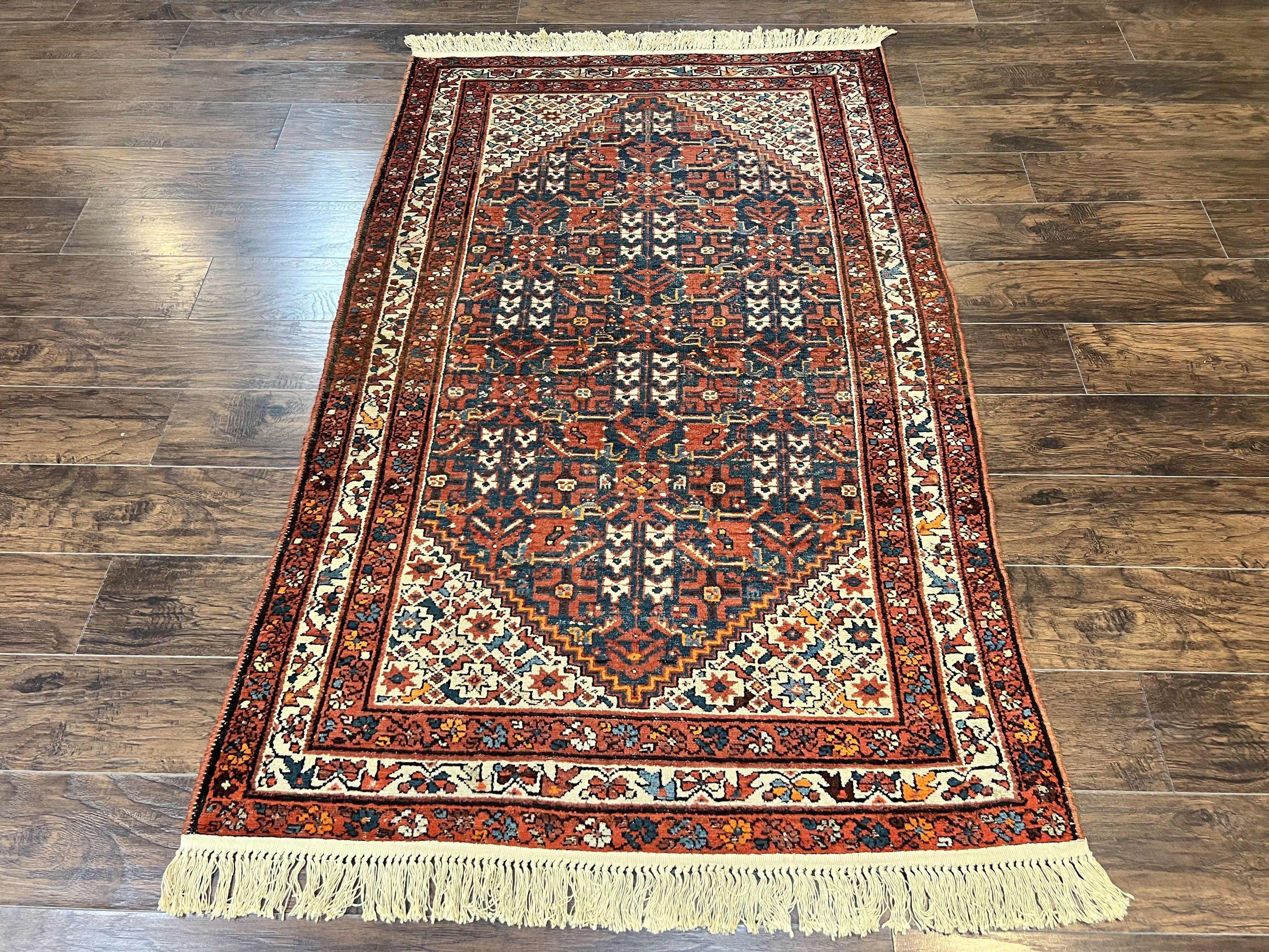 Persian Malayer Rug 4x7, Tribal Rug, Geometric, Antique Oriental Carpet, Red Blue Cream, Boho Rug, Hand Knotted Wool Rug
