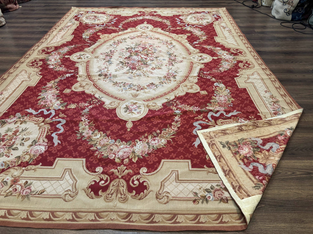 Aubusson Rug 8x11, Needlepoint Carpet, Red Ivory Beige, Vintage, French European Design
