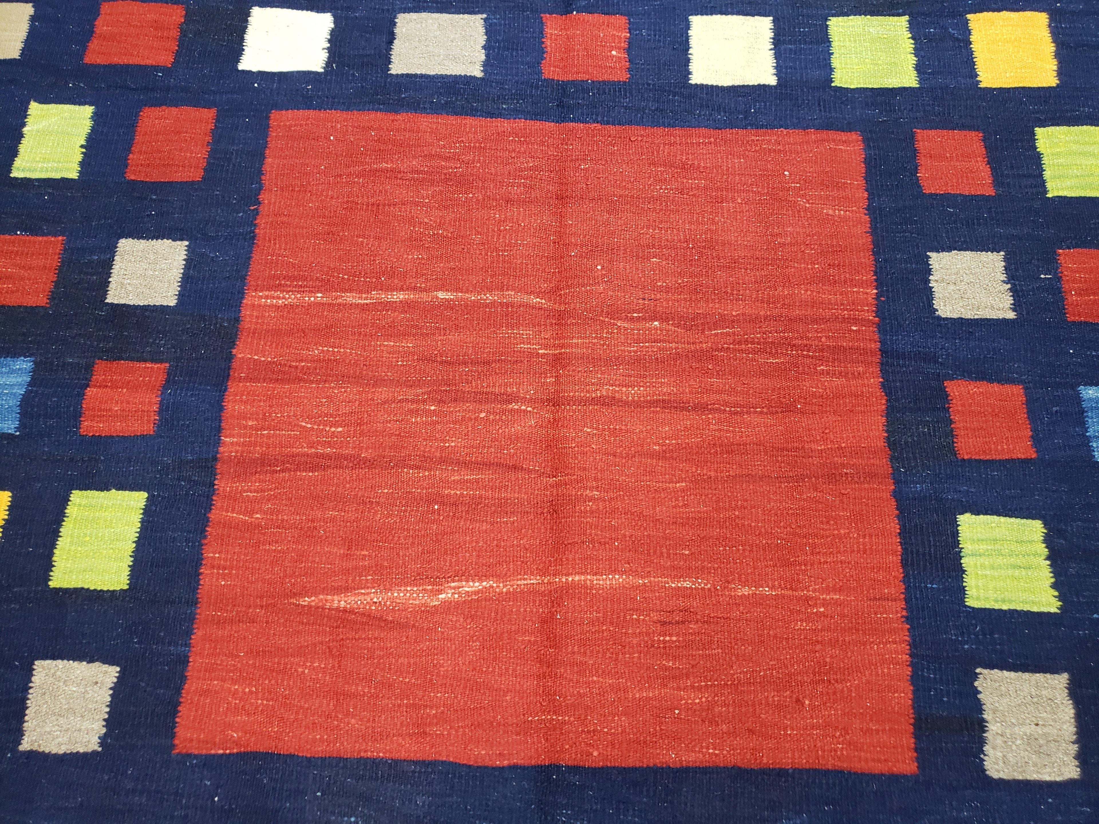 Turkish Kilim Rug 5x7 - 6x8, Checkerboard Kilim Carpet, Area Rug, New Playroom Rug, Colorful Multicolor Rug for Nursery Room, Dark Blue Red