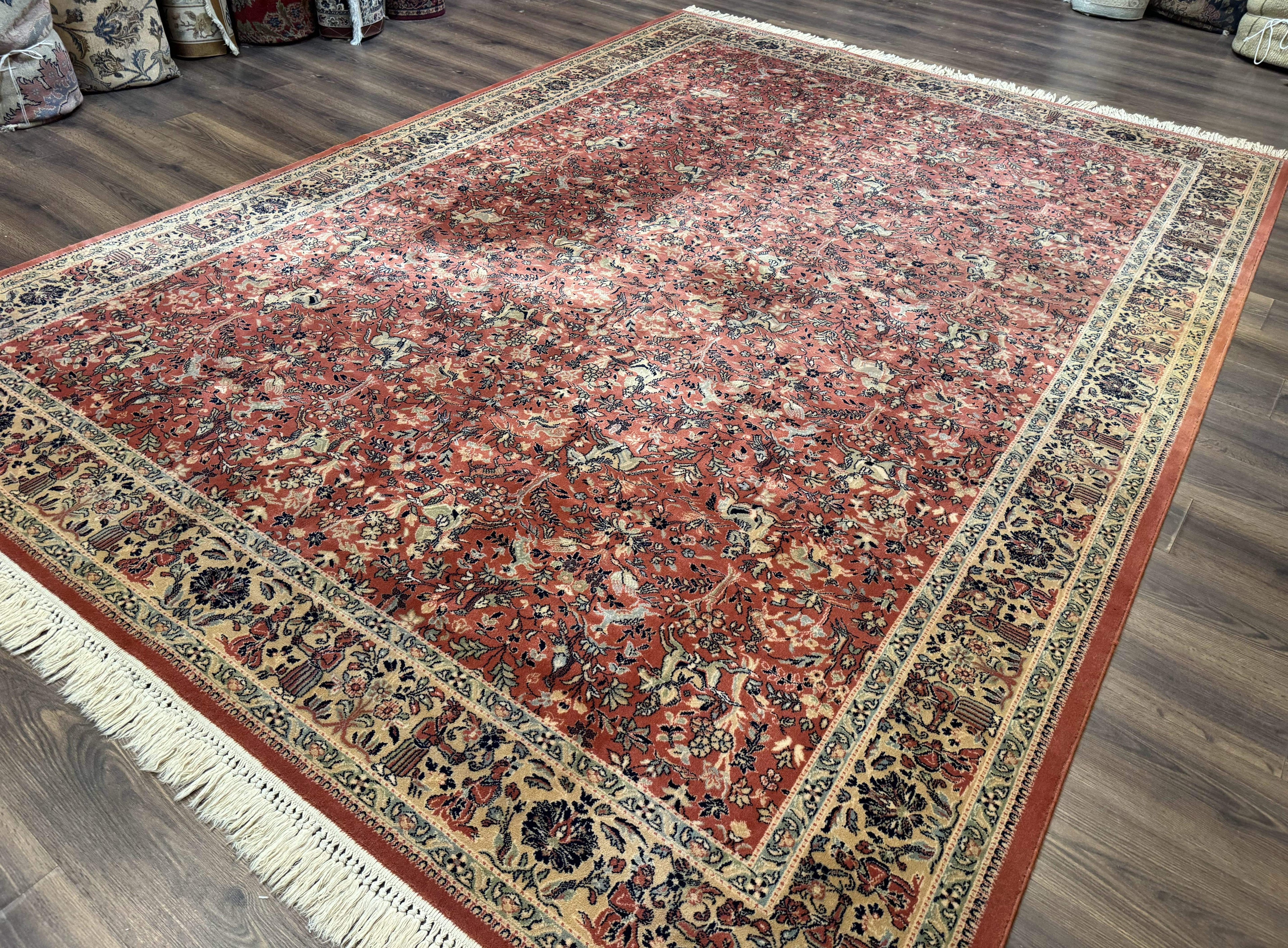 Persian Area Rug 8 x 11.6, Wool, Royal Hunting Scene, Vintage Couristan Rug, Red, Allover Pattern, Belgium Power Loomed