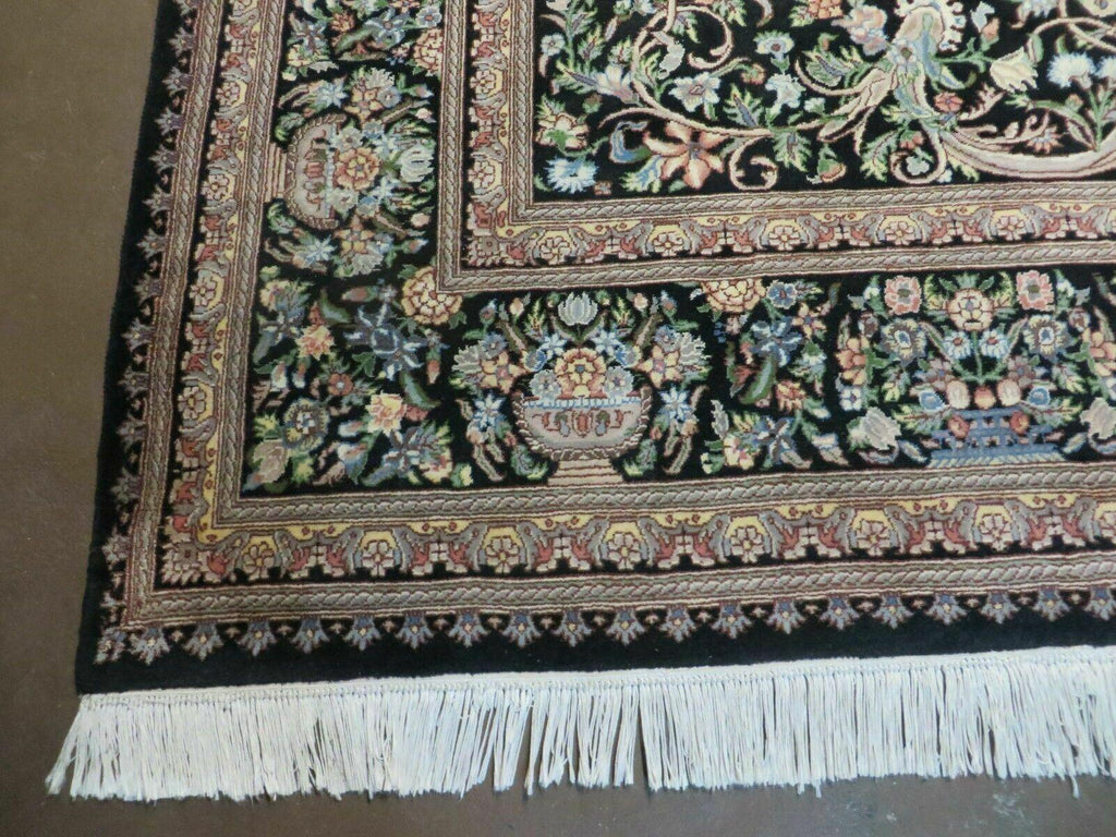 8' X 10' Vintage Handmade Pakistani Floral Wool Rug Black Nice