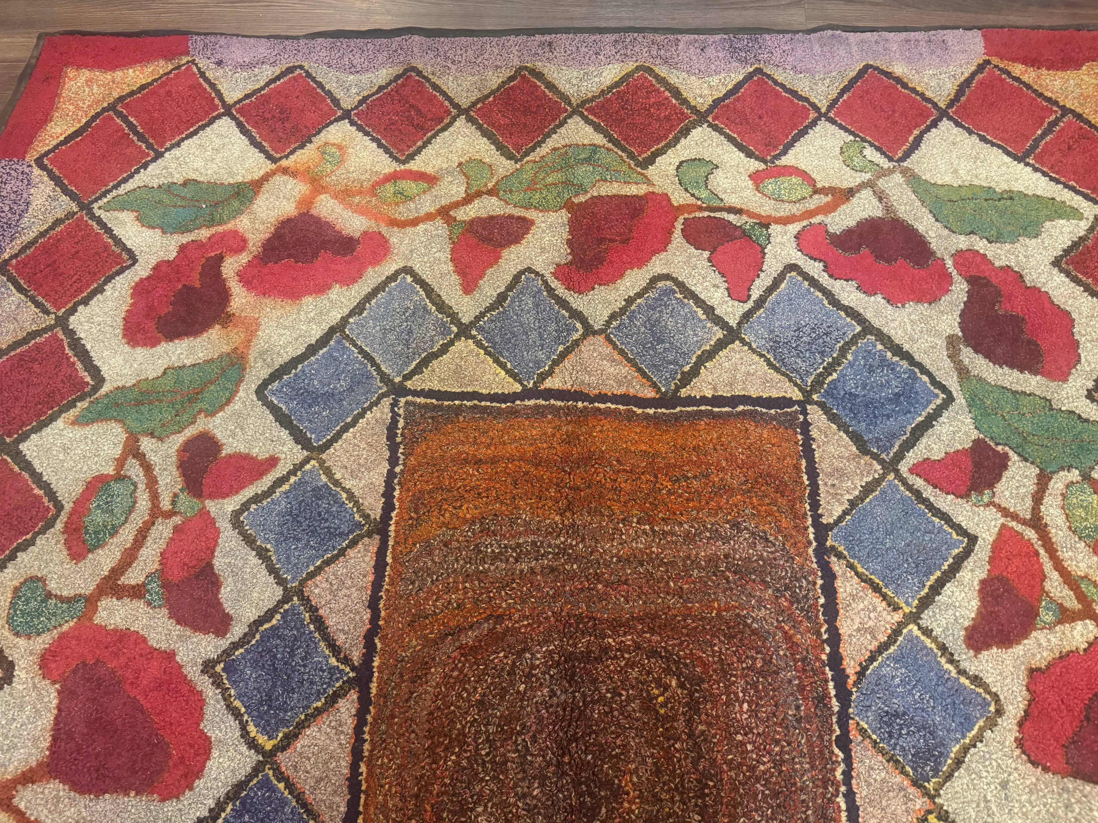 Vintage American Hooked Rug 6x7, Unique Colors, Red Lavender Cream, Abstract