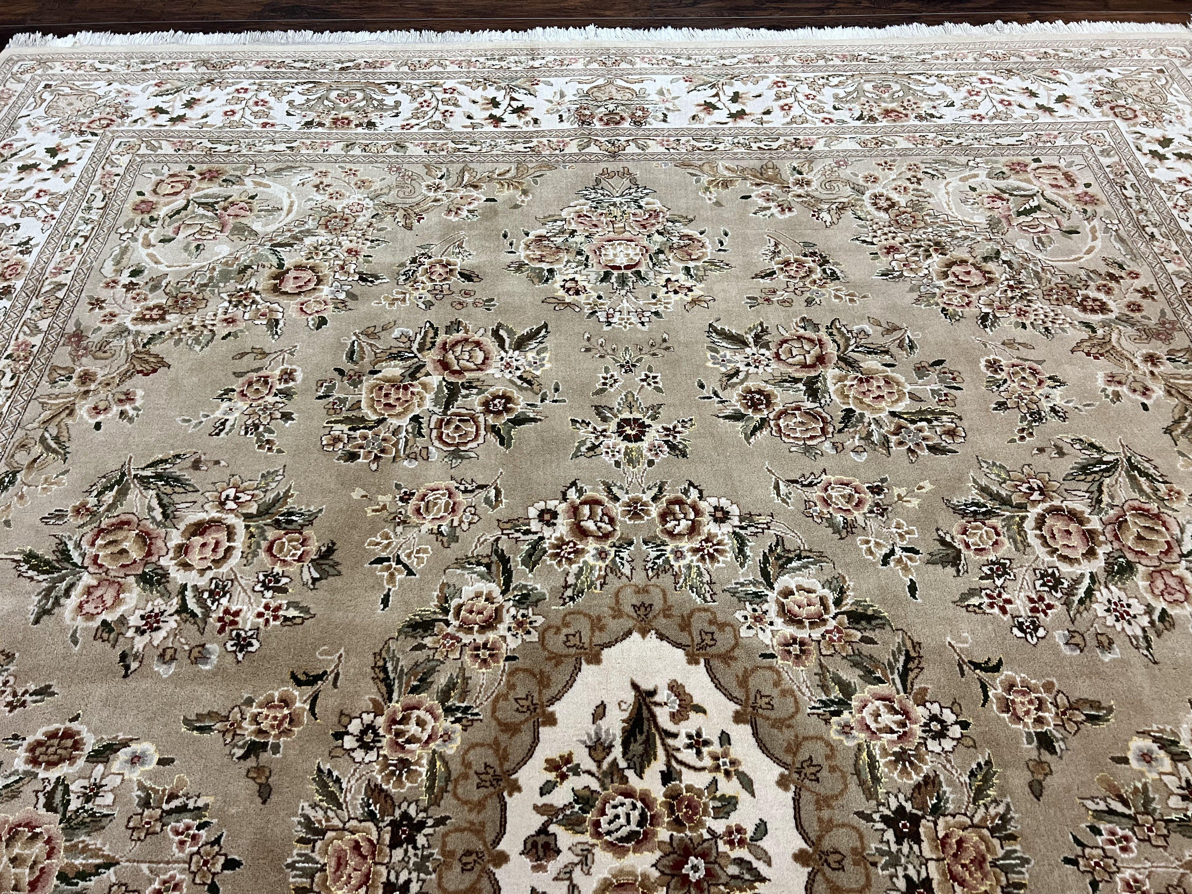 Sino Persian Rug 8x10, Soft Wool, Silk Highlights, Hand Knotted Vintage Carpet, Taupe & Ivory, Floral, Traditional Rug 8 x 10