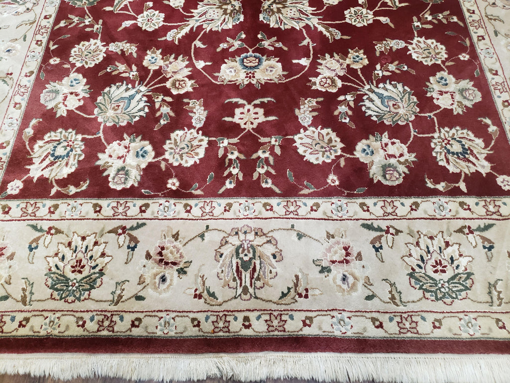 Vintage Traditional Oriental Area Rug, Hand-Knotted, Wool & Silk Accents, Maroon Red and Beige, 6x9 Carpet, 5' 9" x 9'
