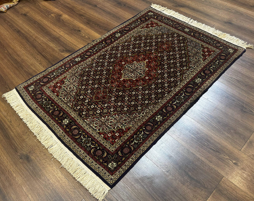 Persian Tabriz Rug 3x5, Wool on Silk Foundation, Very Fine 550 KPSI, Dark Navy Blue