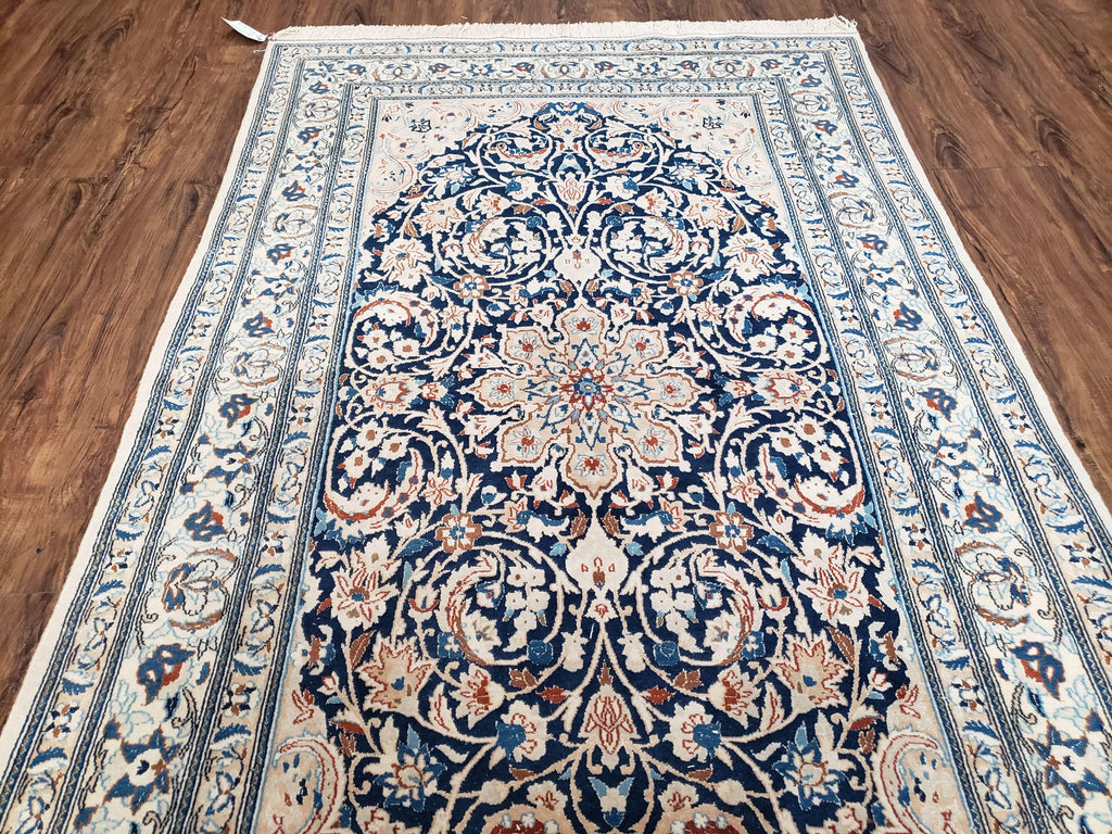 Persian Nain Rug 4x6, Ivory and Blue, Hand-Knotted, Wool & Silk