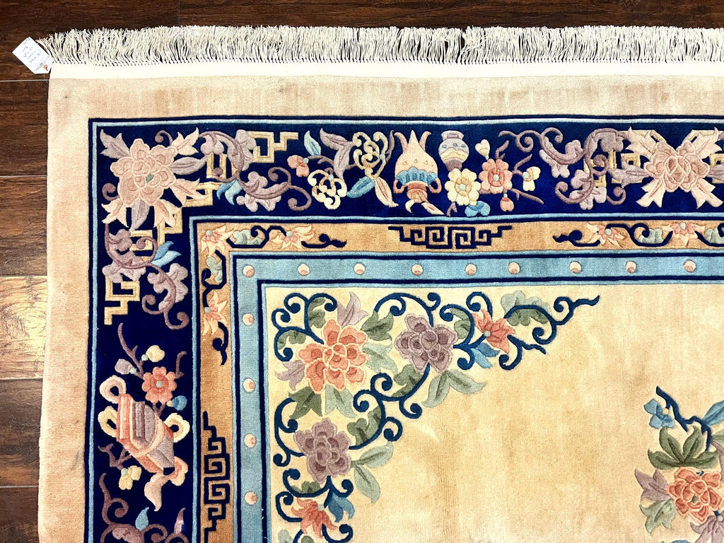 Chinese Wool Rug 8x11, Peking Asian Oriental Carpet, Cream/Ivory and Blue, Vintage Handmade Rug, Art Deco Rug