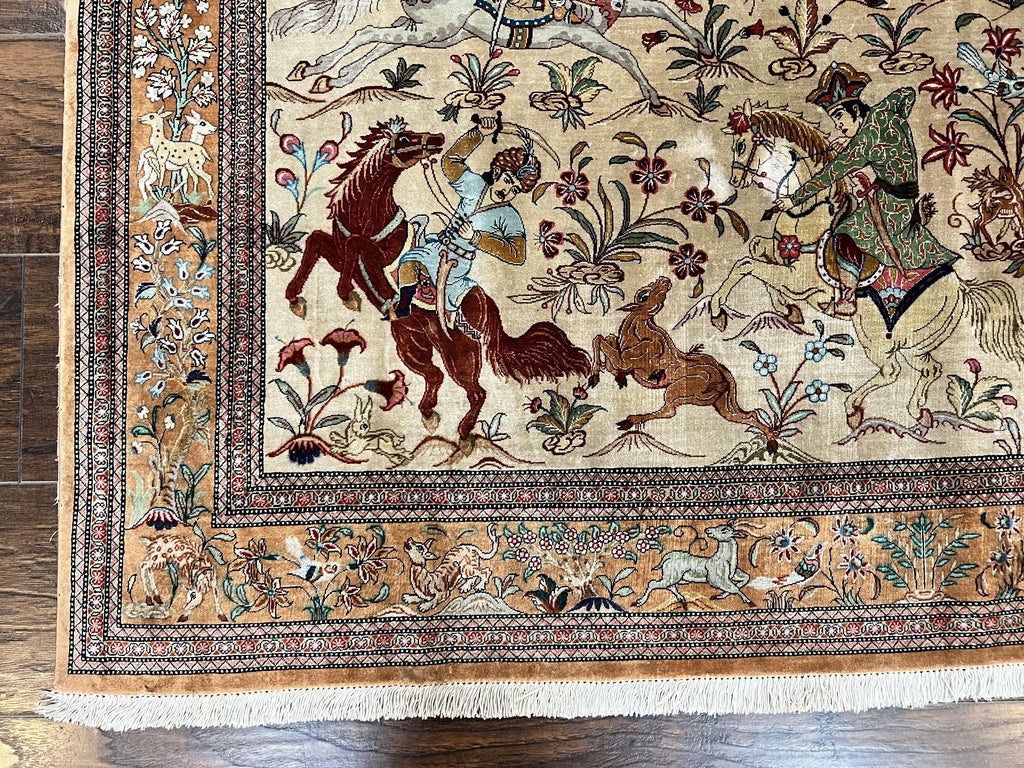 Silk Persian Qum Rug 3x5, Hunting Pattern, Handmade Vintage Carpet, Signed by Master Weaver, Horsemen Pictorials, Super Fine 650 KPSI