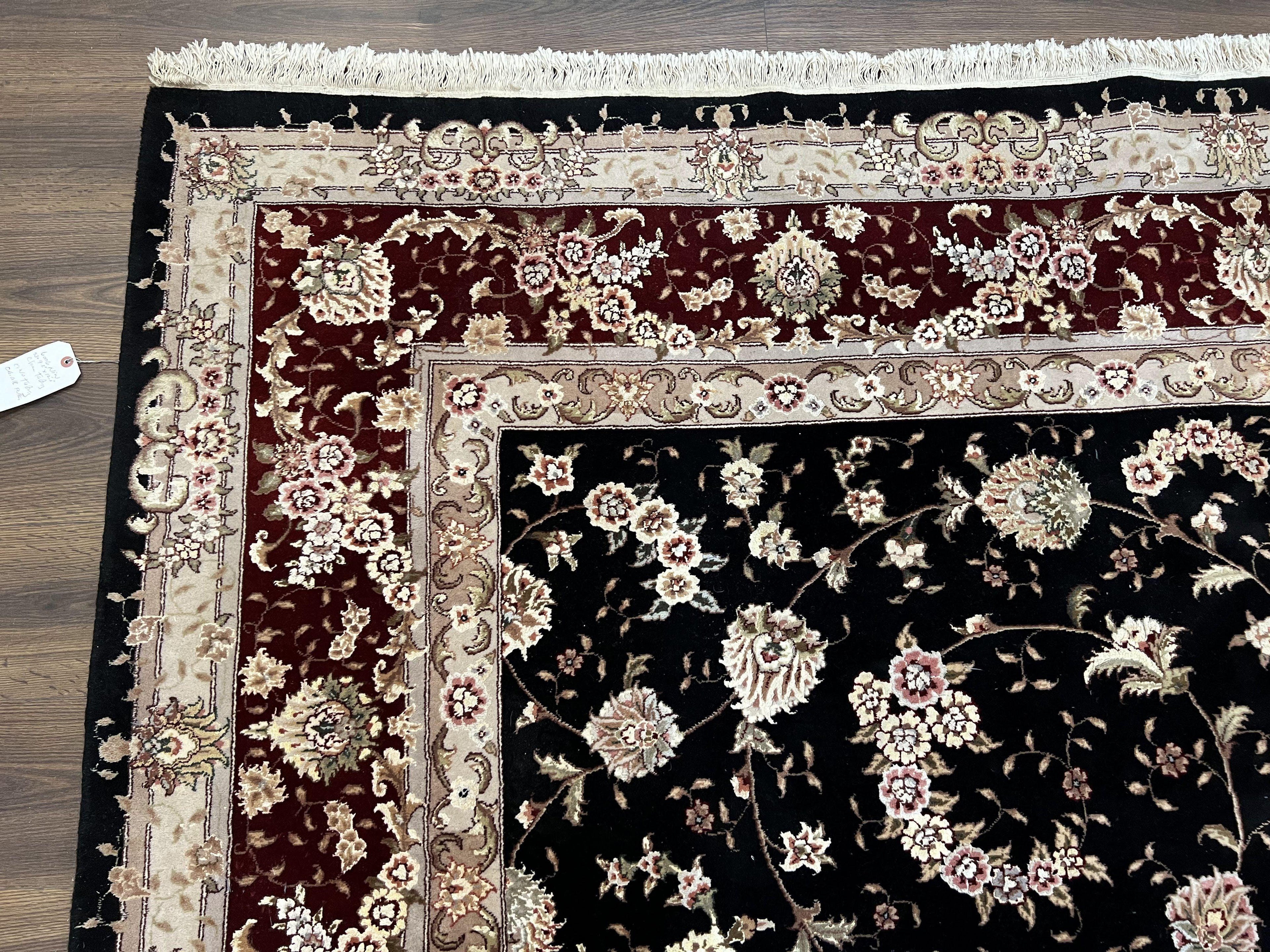 Sino Persian Rug 9x12, High Quality Oriental Carpet, Black and Maroon, Wool and Silk, Allover Floral Pattern, Hand Knotted, Vintage Rug Nice
