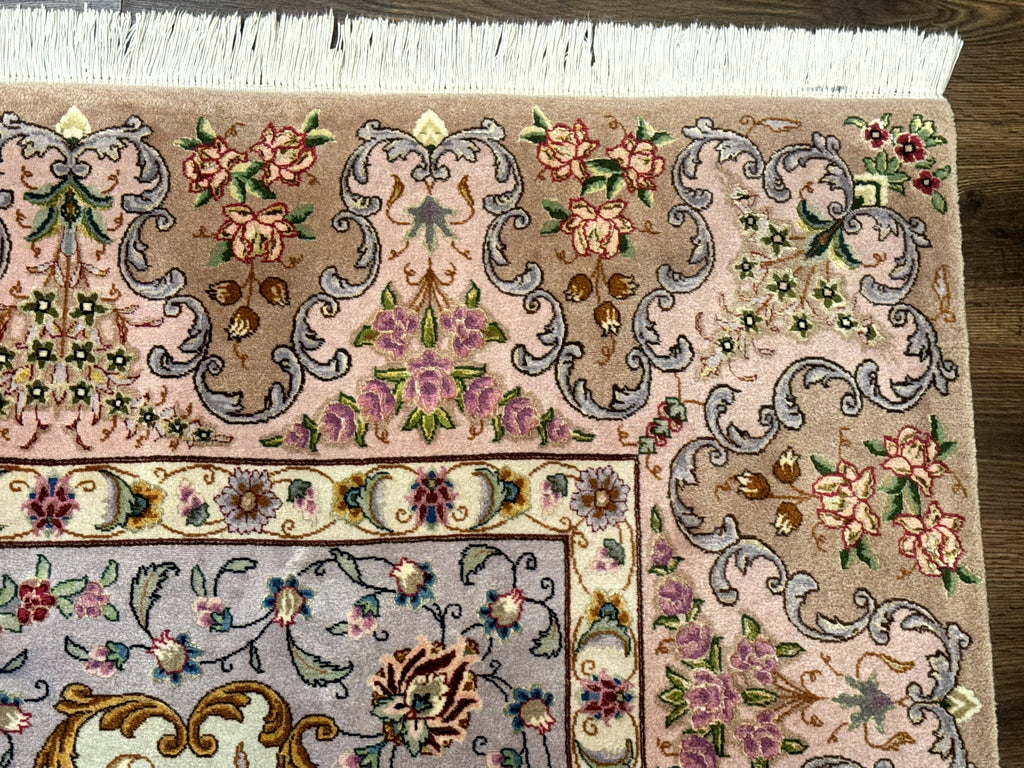 Wonderful Persian Tabriz Rug 7x10, Very Fine 330 KPSI, Light Green Light Blue Pink, Kork Wool Silk Foundation, Bird Pictorials