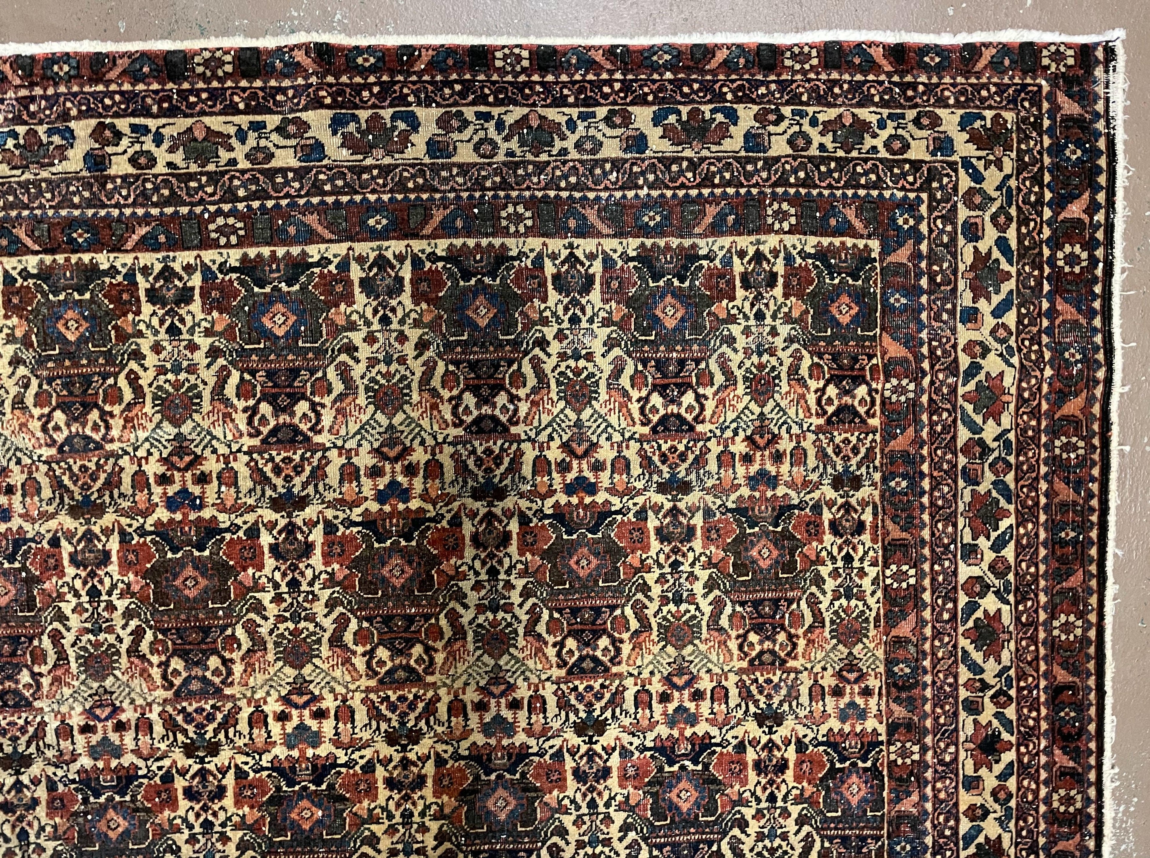 Antique Persian Afshar Rug 5x7, Wool Hand Knotted Oriental Carpet 5 x 7 ft, Repeated Motif Allover, Cream and Maroon, Tribal Rug, Medium Sized Rug,  Zil-i-Sultan Design