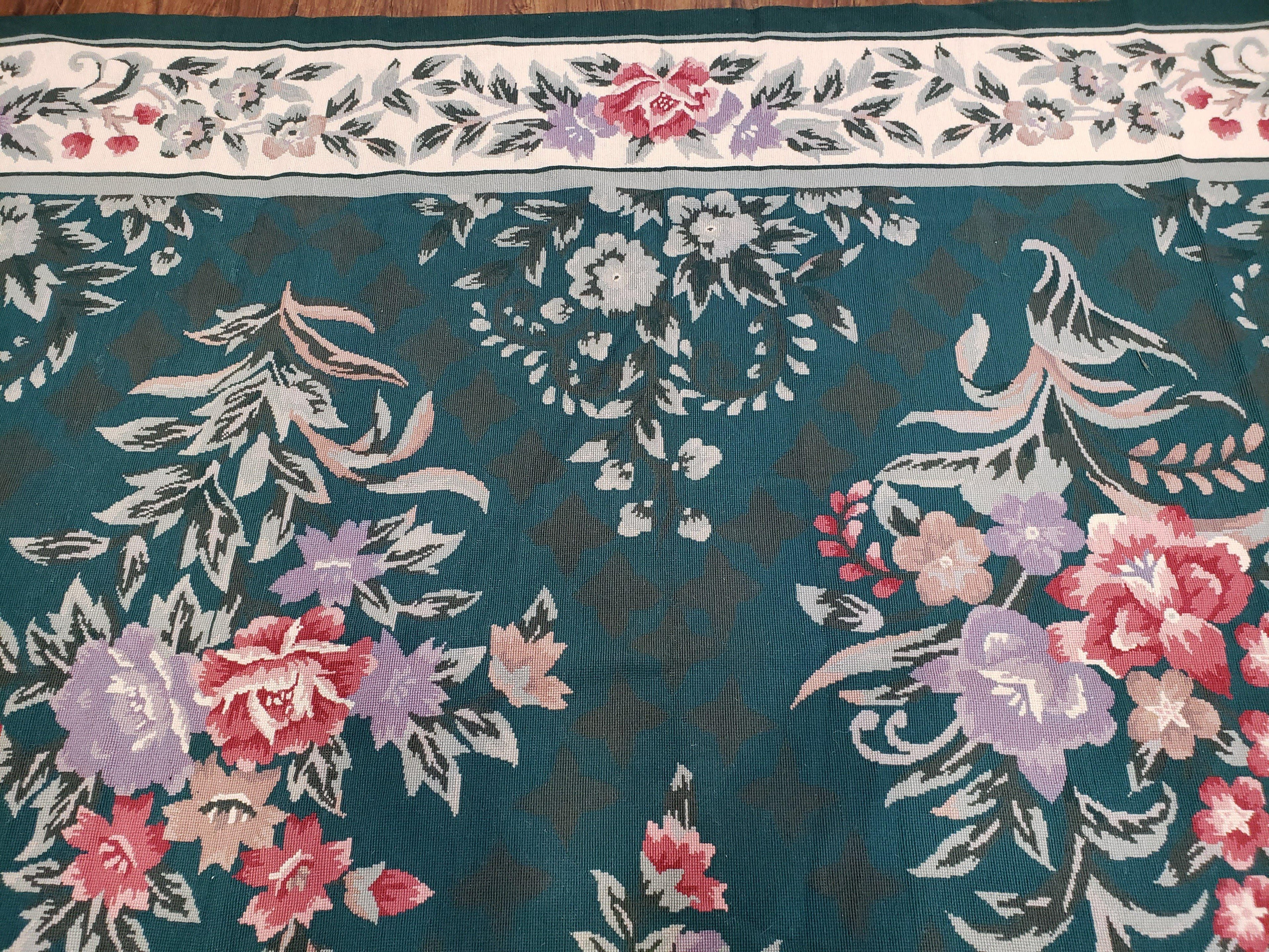 Chinese Needlepoint Rug 8x10, Vintage Green Area Rug, Hand-Woven Flatweave Floral European Design Carpet Wool Handmade 8x 10 Living Room Rug