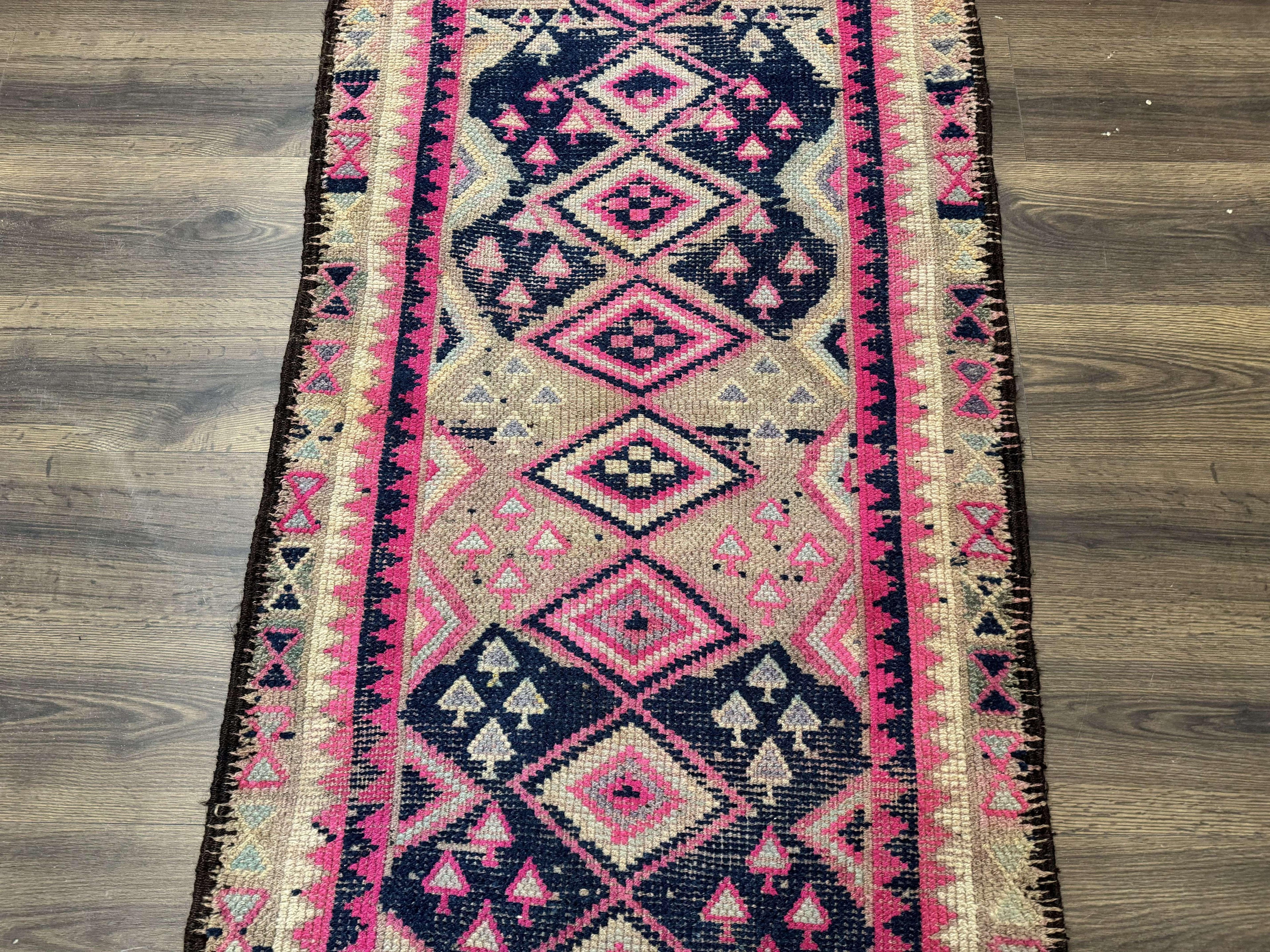 Turkish Runner Rug 3x10, Pink and Navy Blue, Bohemian Runner for Hallway or Kitchen, Vintage, Geometric, Tribal