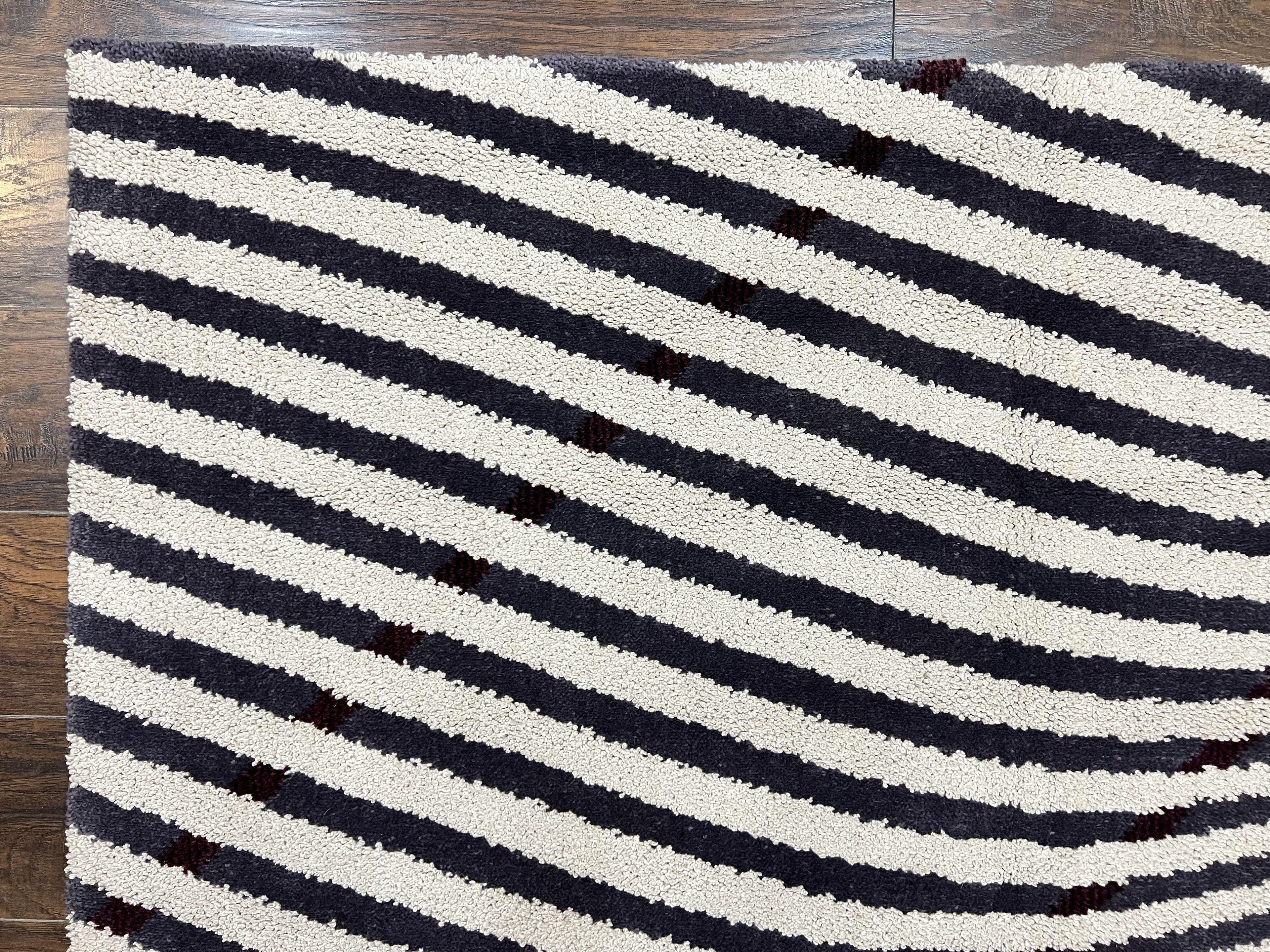 Vintage Zebra Stripes Shag Rug 5.7 x 7.4, Black and White, Retro, Wool