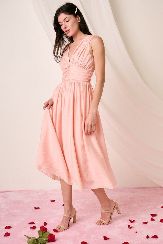 Ruched V-Neck Sleeveless Midi Dress For Women – Elegant and Chic Dress with Flattering Ruched Detailing and Sophisticated V-Neck