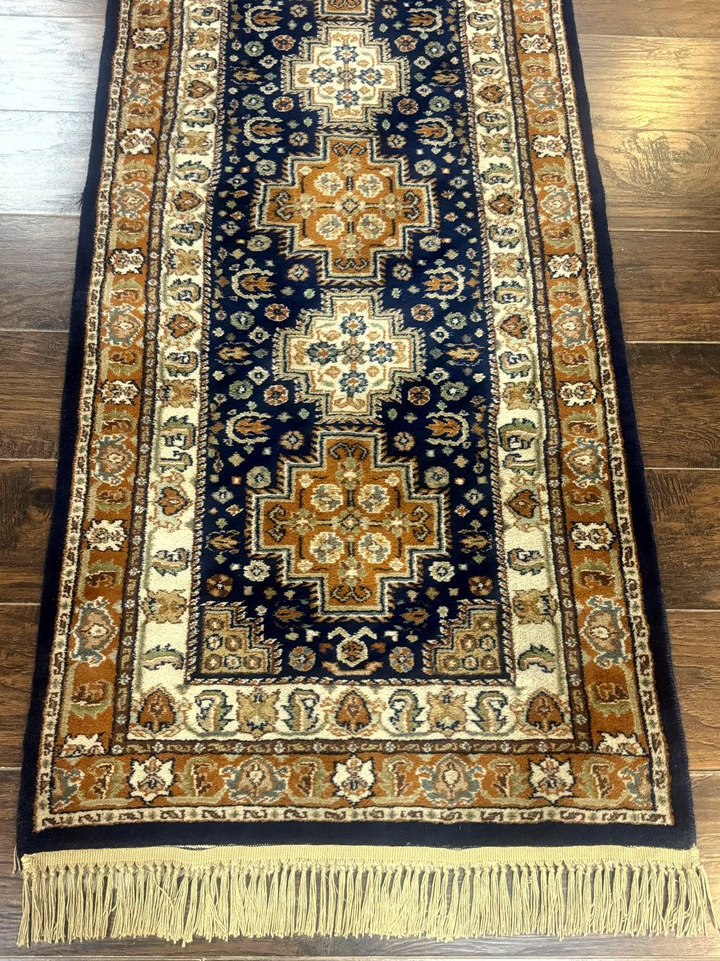 Indo Persian Runner Rug 2.6 x 12.7, Indian Kashmiri Runner for Hallway or Kitchen, Navy Blue, Geometric Medallions, Handmade Wool