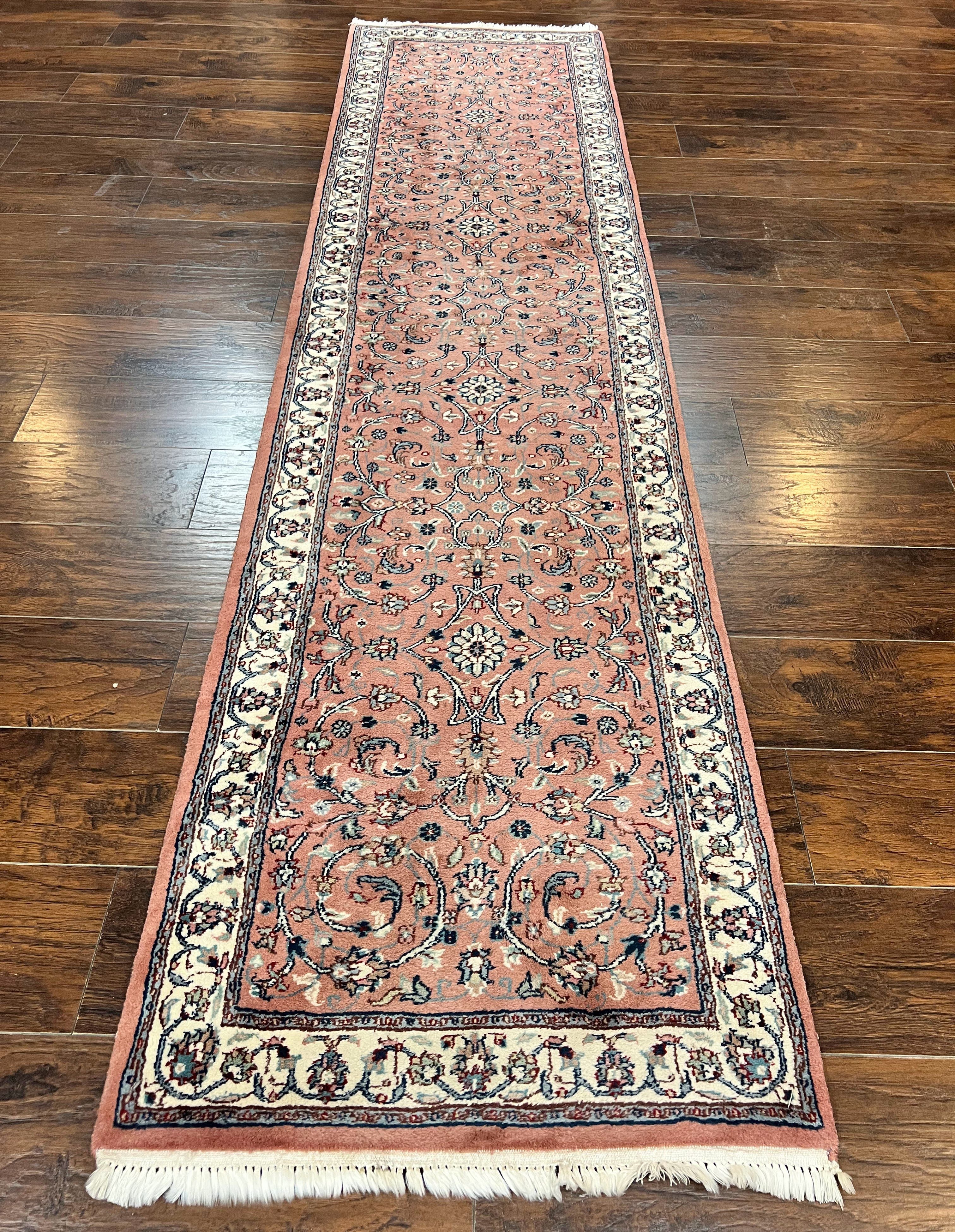Indo Persian Runner Rug 2.6 x 10, Wool Hand Knotted Vintage Oriental Carpet, Pink & Ivory, Floral Allover, Hallway Rug