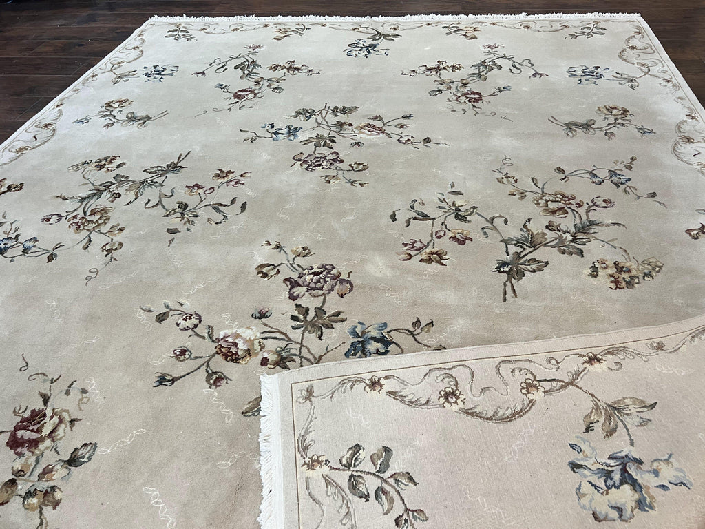Chinese 120 Line Rug 8x10, Chinese Aubusson Wool & Silk Highlights Handmade Vintage Carpet, Beige Fine Weave Rug, Floral European Design