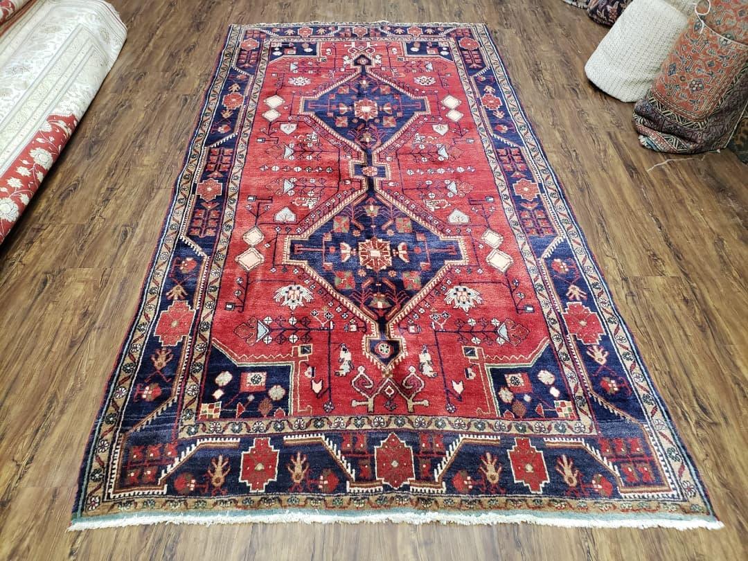 Antique Persian Zanjan Nahavand Heriz Rug, Red & Blue, Hand-Knotted, 5' x 9' 7"