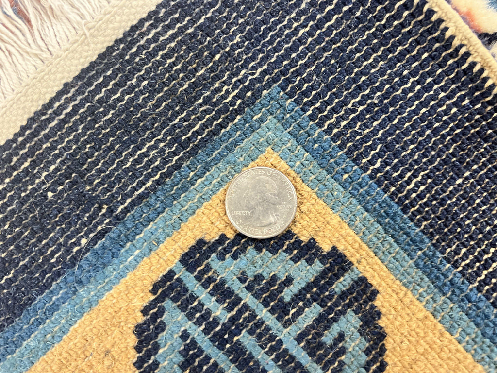Chinese Peking Rug 5x8, Vintage Semi Antique Chinese Art Deco Carpet, Wool Pile Light Red/Salmon Gold Navy Blue, Handmade Asian Oriental Rug