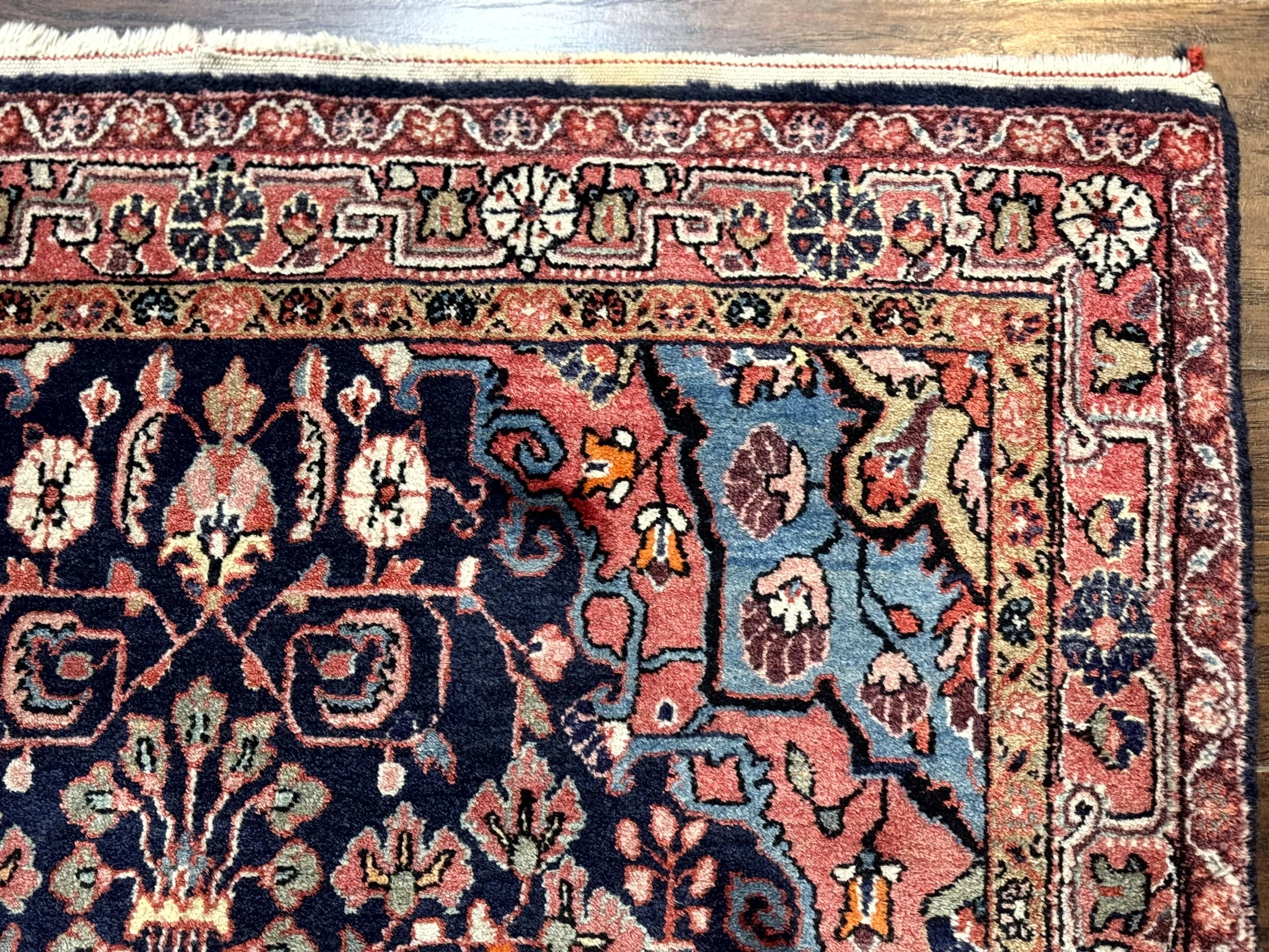 Persian Rug 3x5, Jozan Sarouk Rug, Navy Blue and Coral, Medallion Rug, Semi Antique