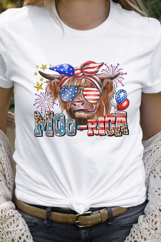 Moo-Rica Cow Fireworks Flag Patriotic Graphic Tee T-Shirt