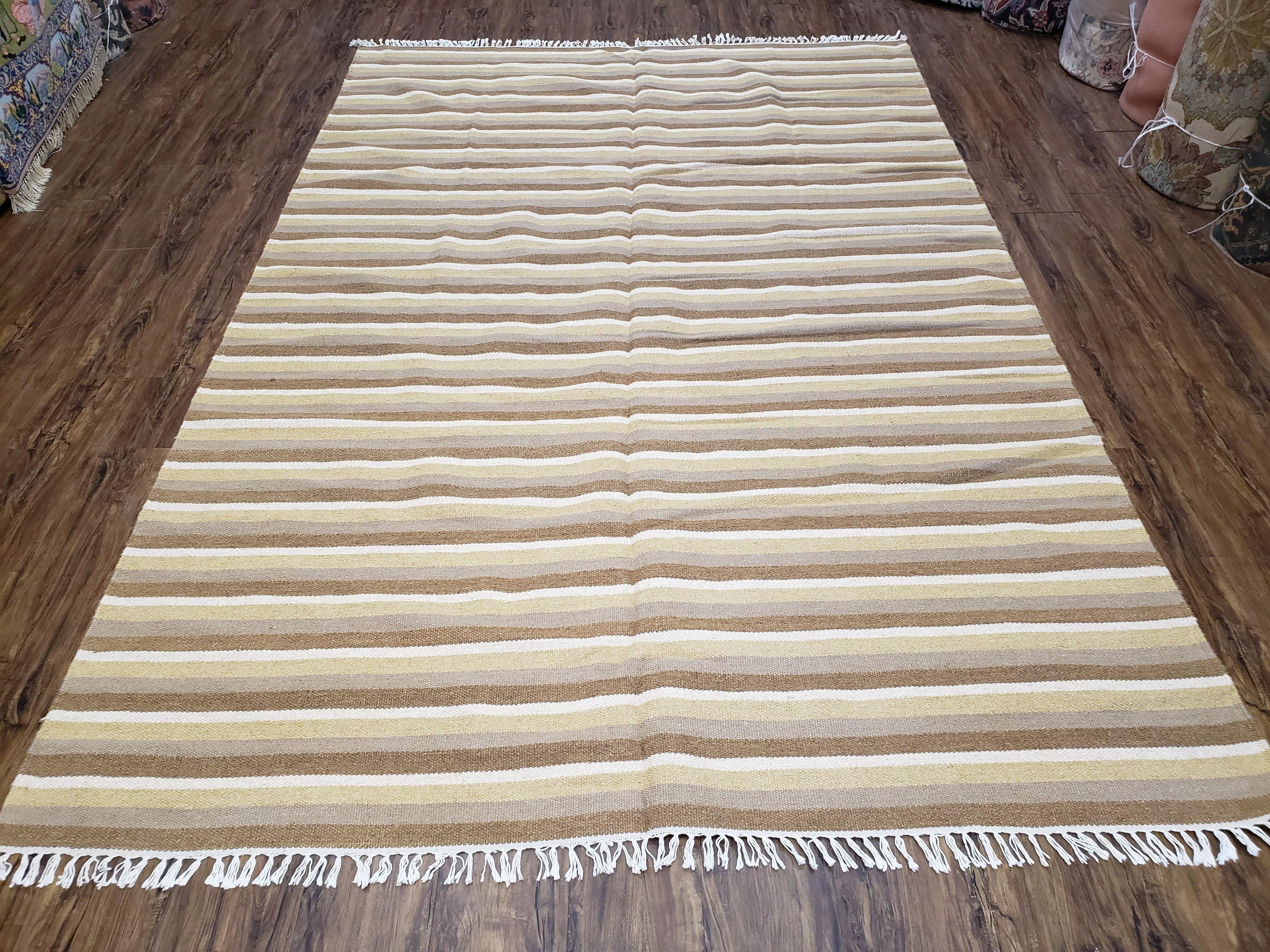 Indian Striped Blanket 6x9, Large Indo Kilim Area Rug, Earthern Tones Woolen Hand-Woven Flatweave South American Style Queen Size Bedspread