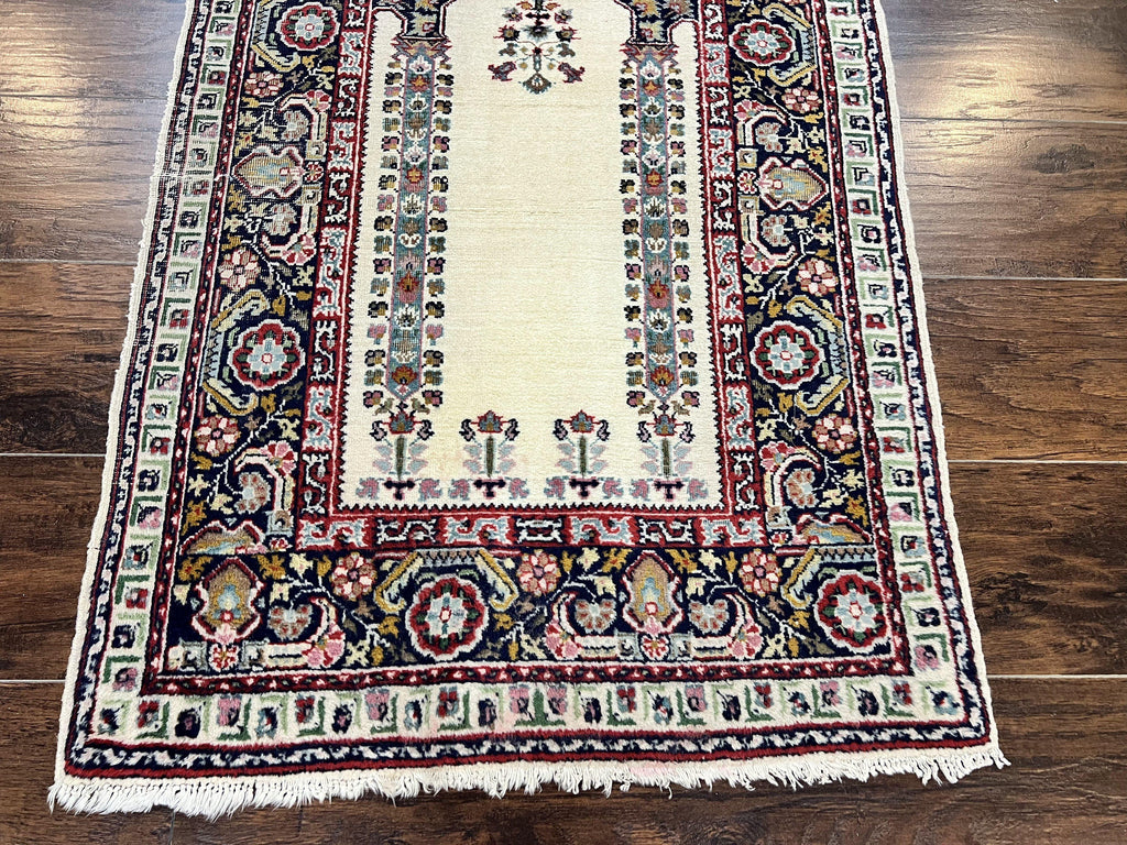 Turkish Prayer Rug 2.5 x 4, Vintage Wool Hand Knotted Carpet, Ivory