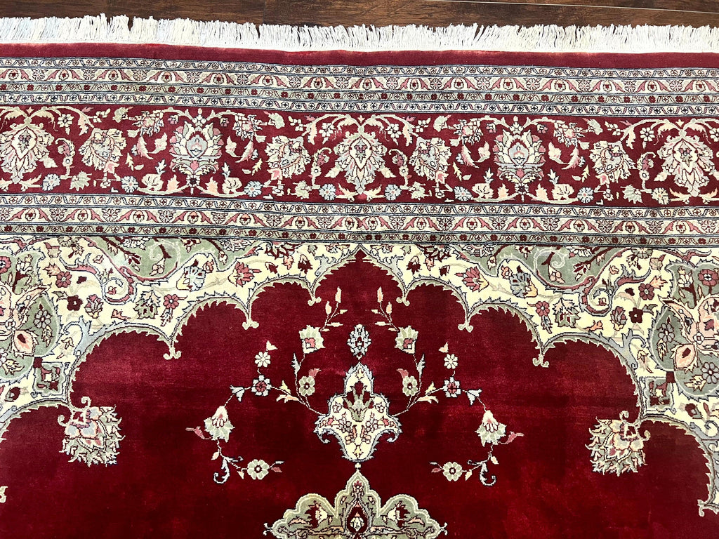 Pak Persian Rug 9x12, Handmade Vintage Traditional Wool Carpet, Floral Medallion, Dark Red Ivory/Cream, Fine 250 KPSI