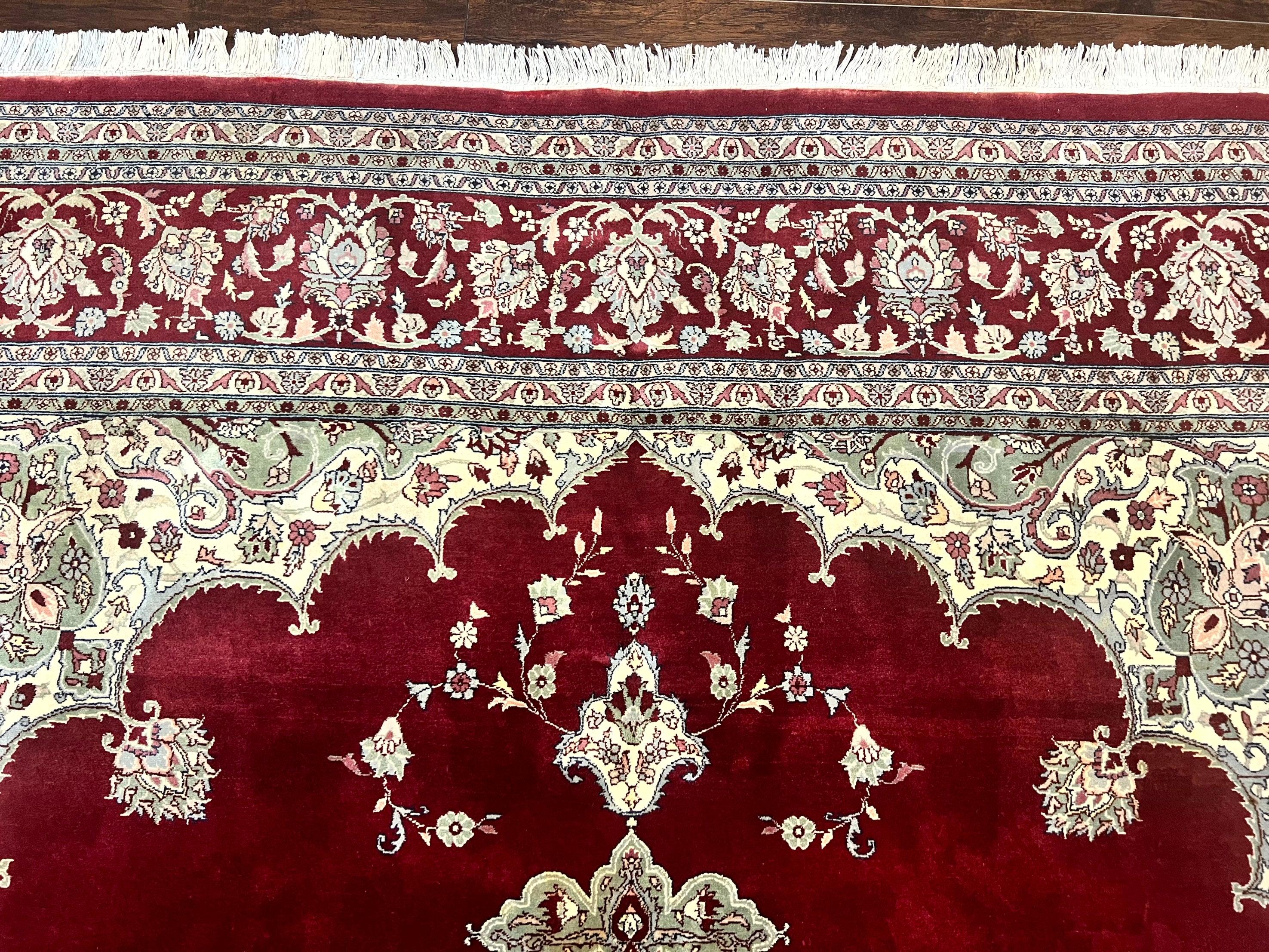 Pak Persian Rug 9x12, Handmade Vintage Traditional Wool Carpet, Floral Medallion, Dark Red Ivory/Cream, Fine 250 KPSI