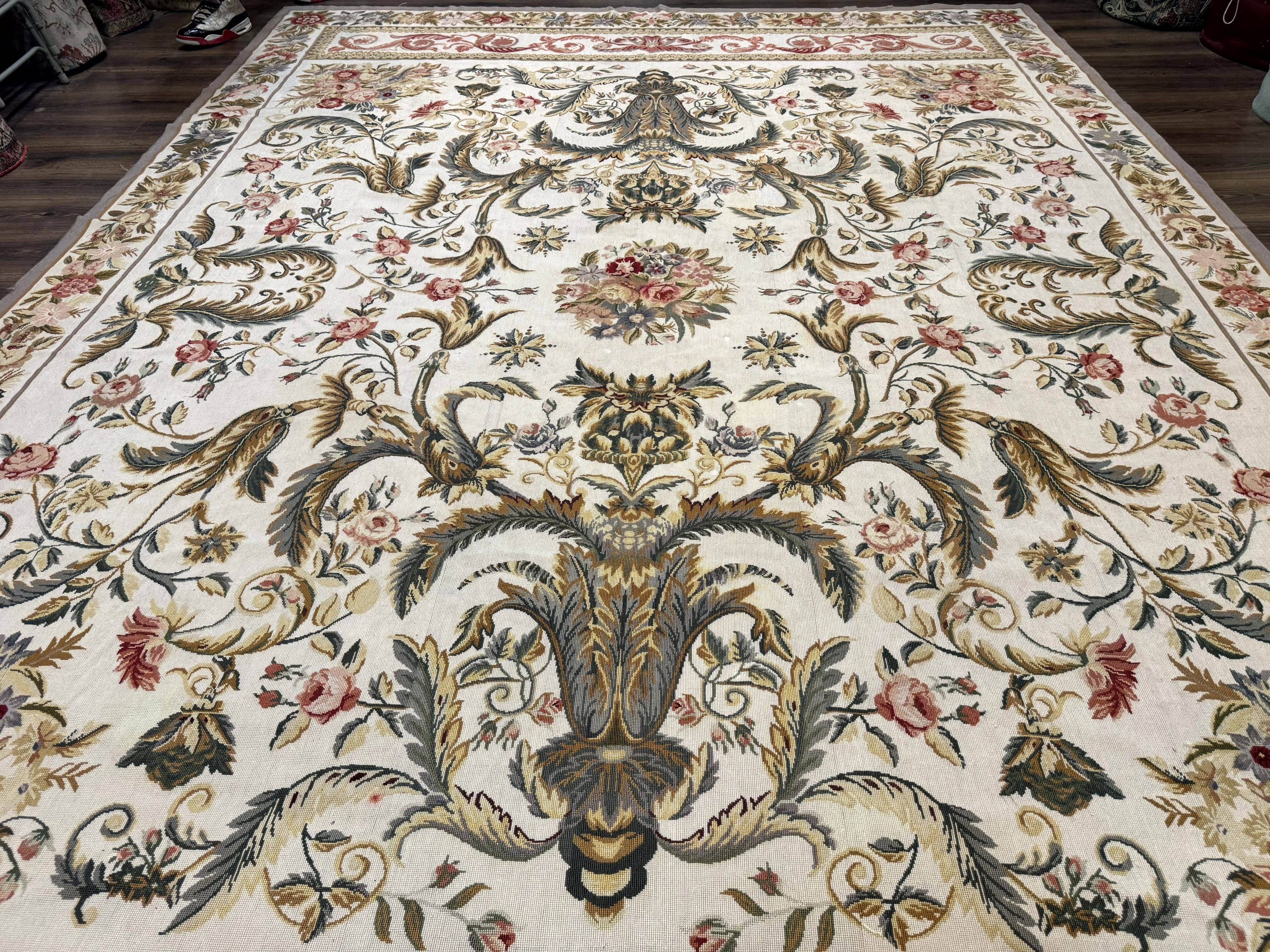 Aubusson Needlepoint Rug 10x14, Elegant European French Carpet, Vintage Carpet