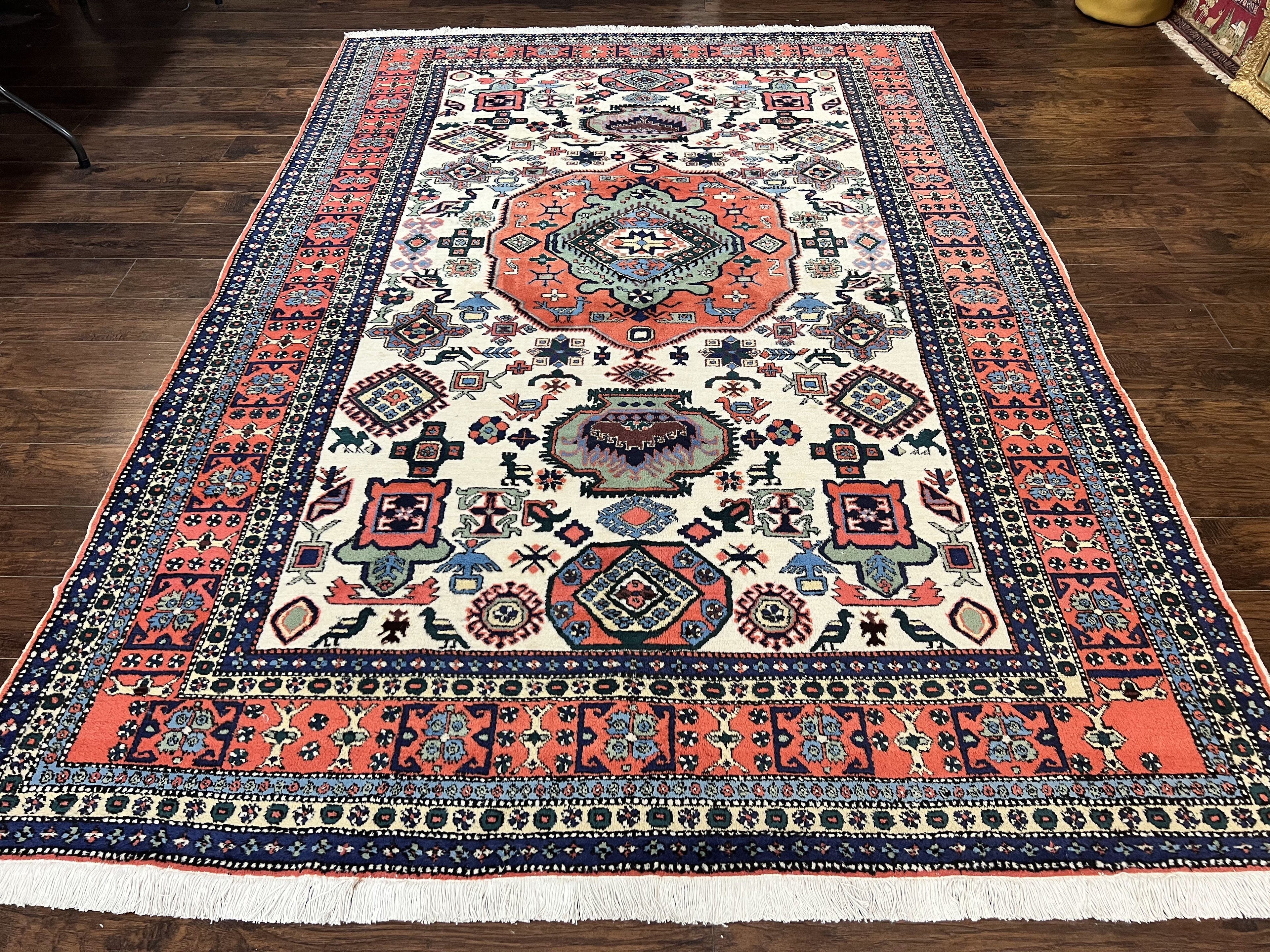 Persian Tribal Rug 8x11, Persian Ardabil Rug, Geometric Medallion Animal Pictorial Rug, Ivory Red Blue, Hand Knotted Vintage Wool Carpet