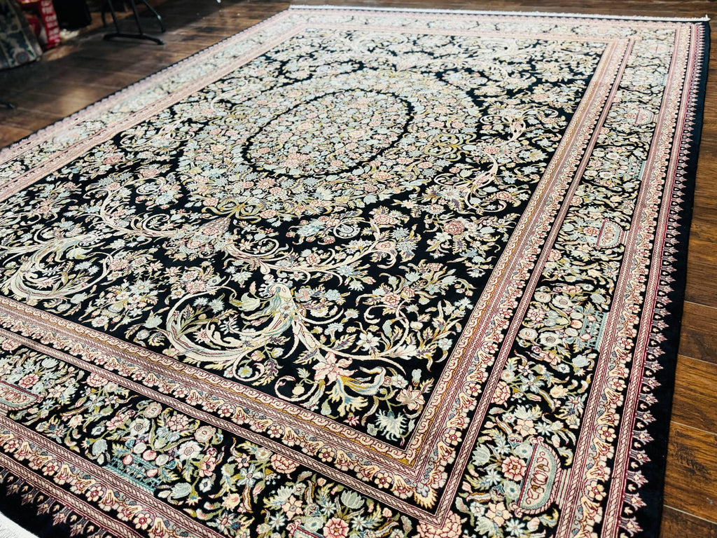 Pak Persian Rug 9x12, Highly Detailed Fine 260 KPSI, Floral, Handmade Traditional Carpet, Black