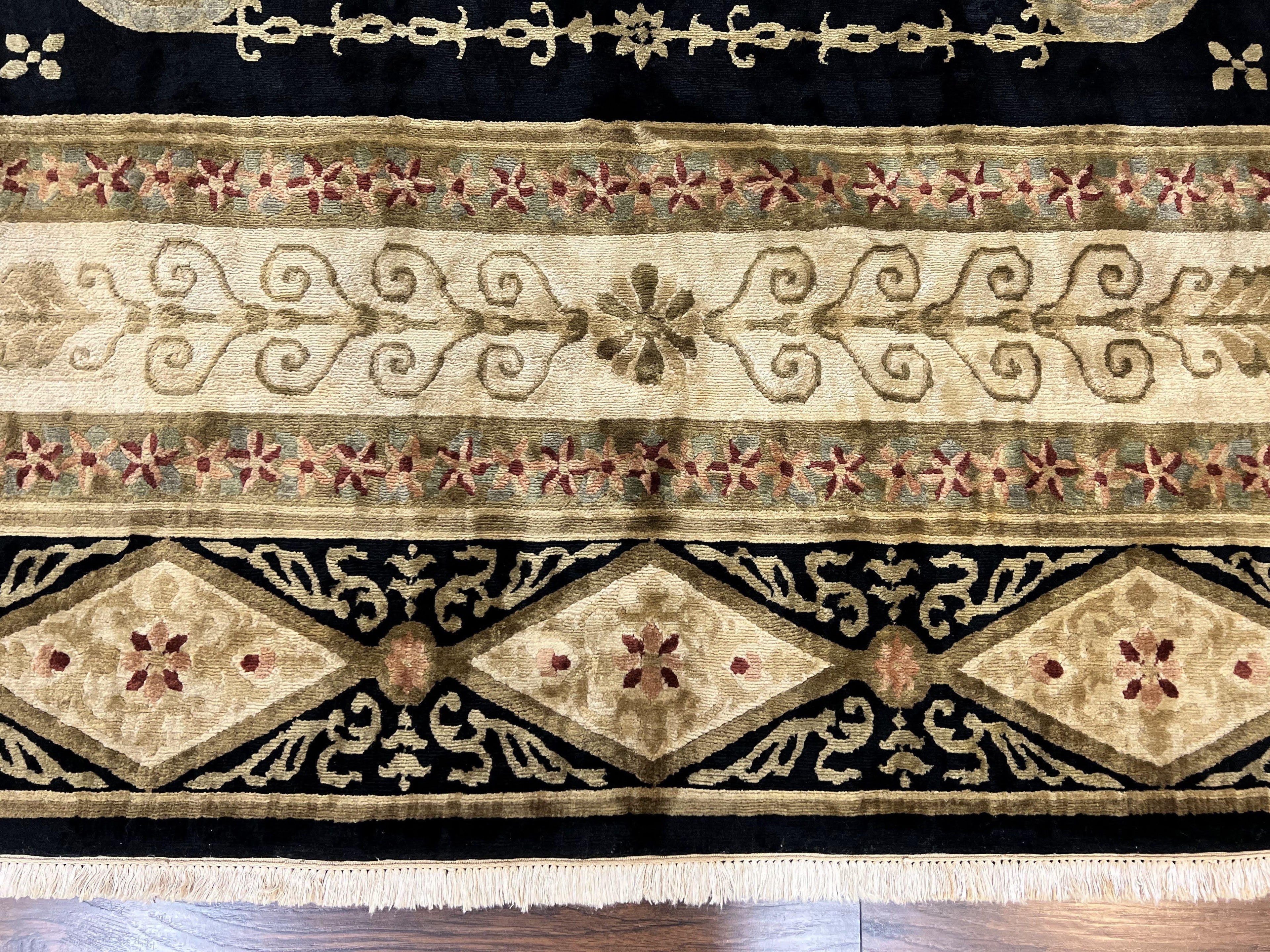 Tibetan Rug 8x10, Nepali Area Rug, Soft New Zealand Wool Carpet 8 x 10 ft, Black Tan Beige, Vintage Handmade Rug, French Aubusson Pattern