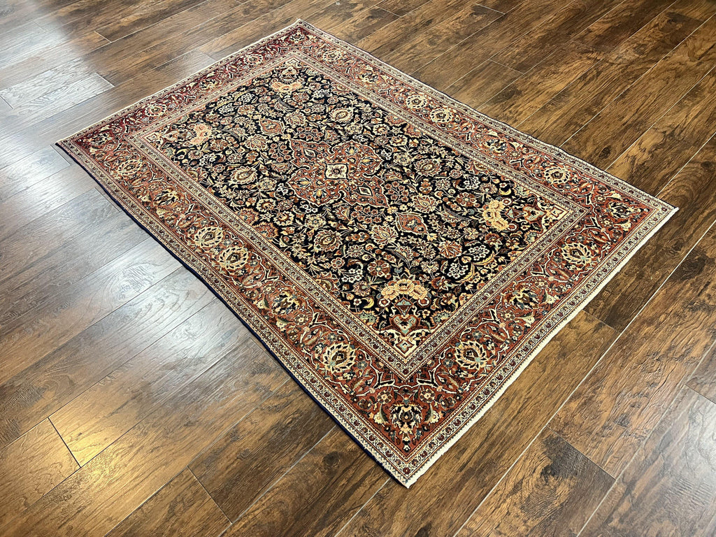 Persian Kashan Rug 4x7, Floral Medallion Vintage Handmade Hand Knotted Navy Blue & Red Wool Oriental Carpet, Highly Detailed Semi Antique Rug