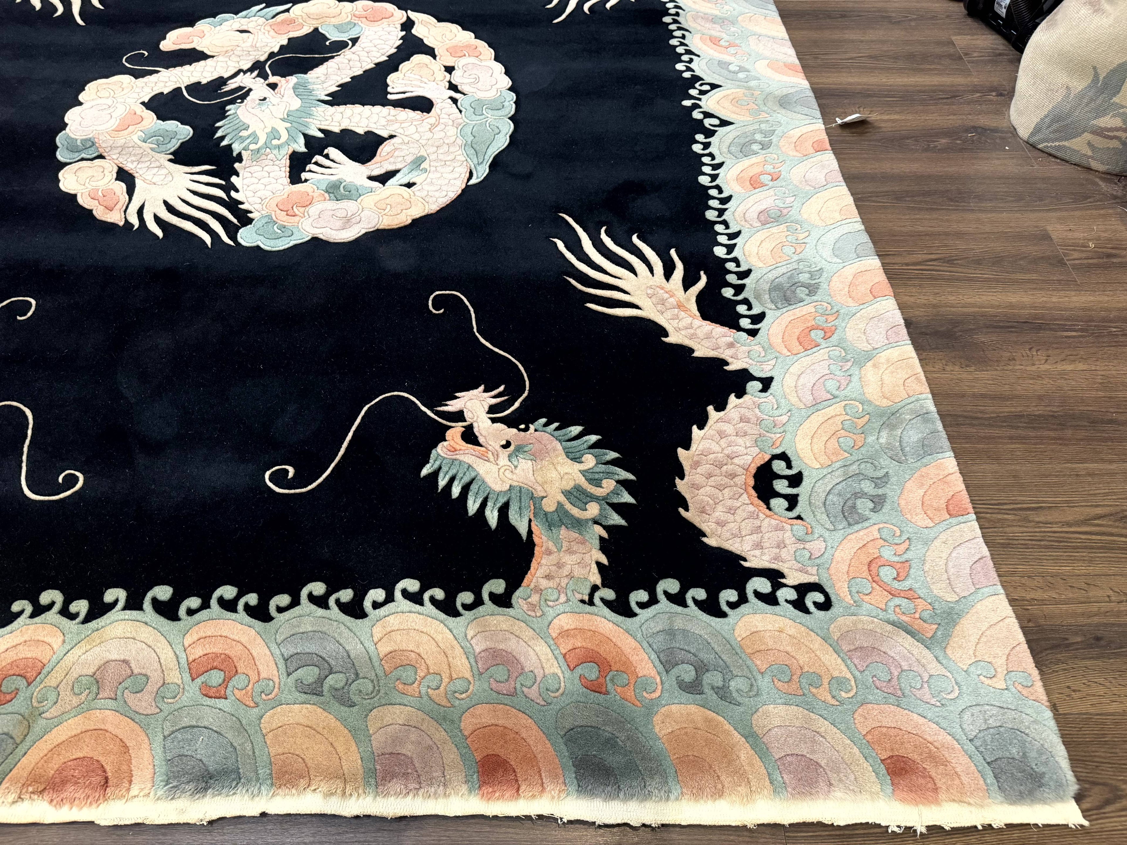 Black Chinese Wool Rug 8x10 with Dragons, Rainbow Borders, Rare