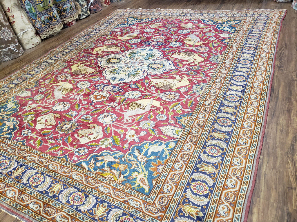 Antique Turkish Sivas Area Rug 8x11, Hand-Knotted, Vintage Red Wool Carpet, Gazelles Lions, Boteh Border, 8' x 11' Top Quality Oriental Rug