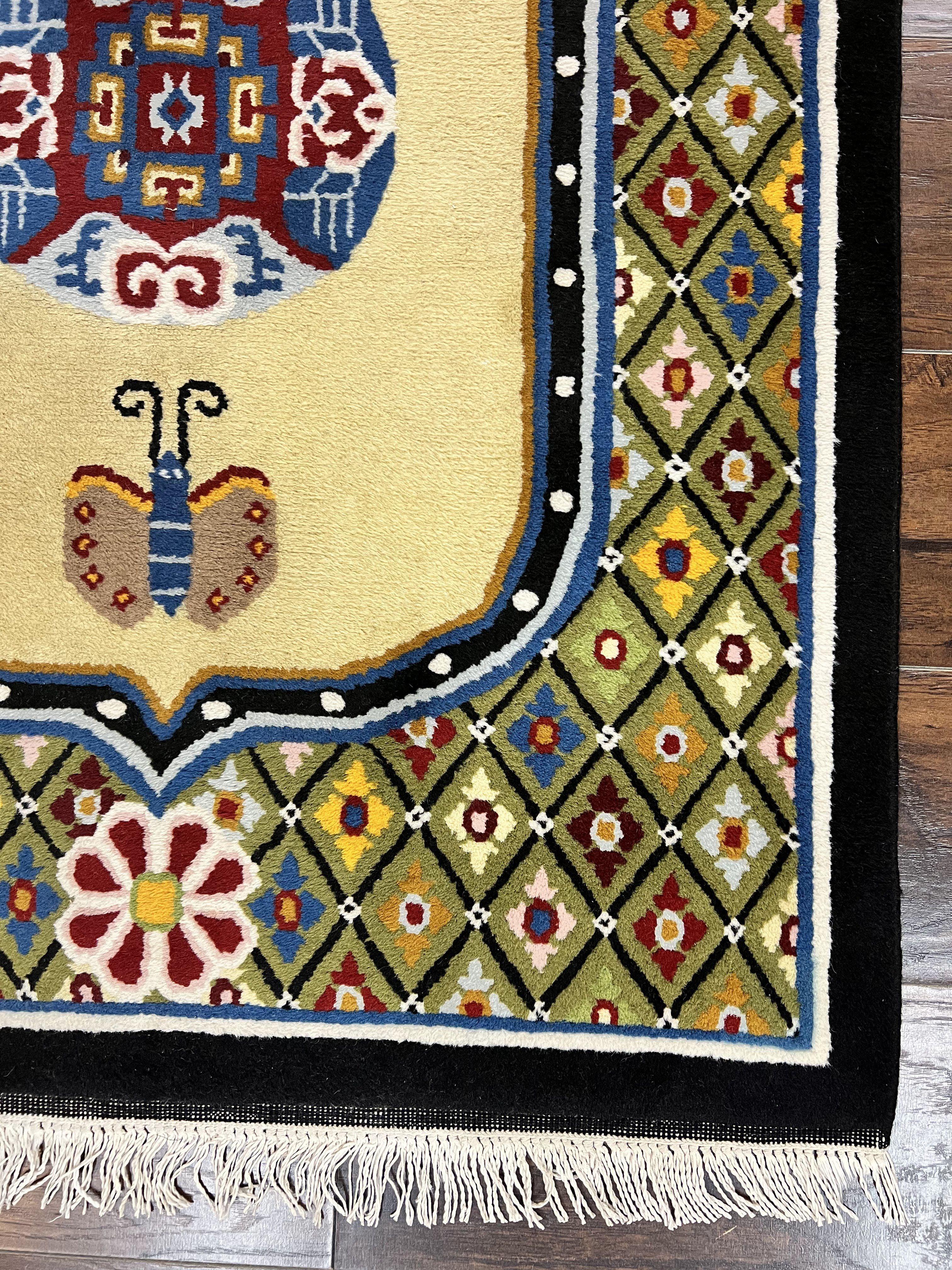 Chinese Rug 3x6 ft, Chinese Wool Rug, Tiensin Rug, Handmade Wool 3 x 6 Vintage Peking Rug, Art Deco Rug, Butterflies