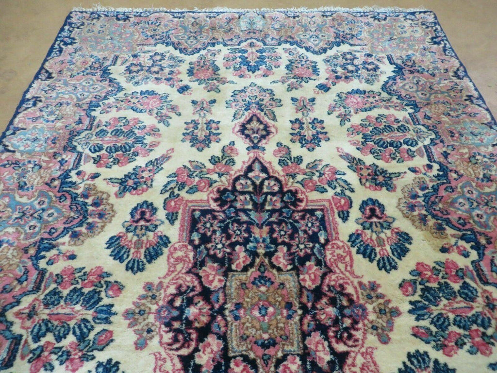Antique Persian Kirman Rug 3.9 x 6.6, Floral Oriental Carpet, Ivory/Cream - Blue - Pink, Hand Knotted Wool Rug, Floral Medallion Rug 4x6
