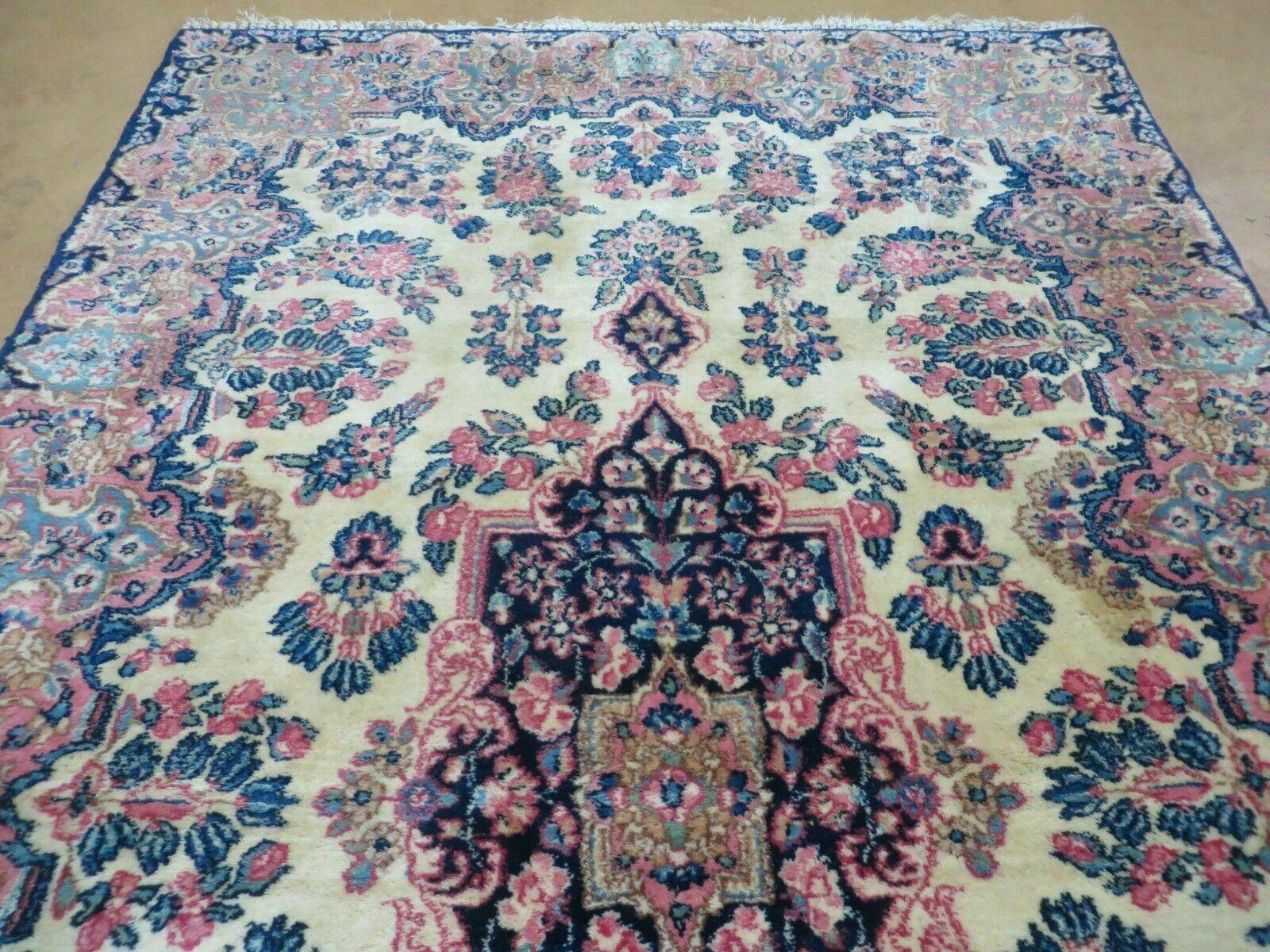 Antique Persian Kirman Rug 3.9 x 6.6, Floral Oriental Carpet, Ivory/Cream - Blue - Pink, Hand Knotted Wool Rug, Floral Medallion Rug 4x6