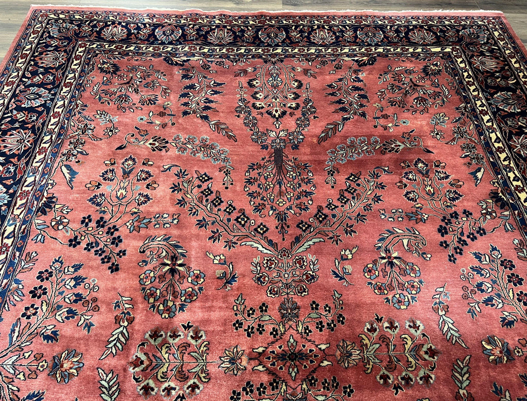 Indo Sarouk Rug 10x14, Vintage Indian Persian Area Rug 10 x 14, Wool Hand-Knotted Oriental Carpet, Red Floral Allover Large Rug, Beautiful