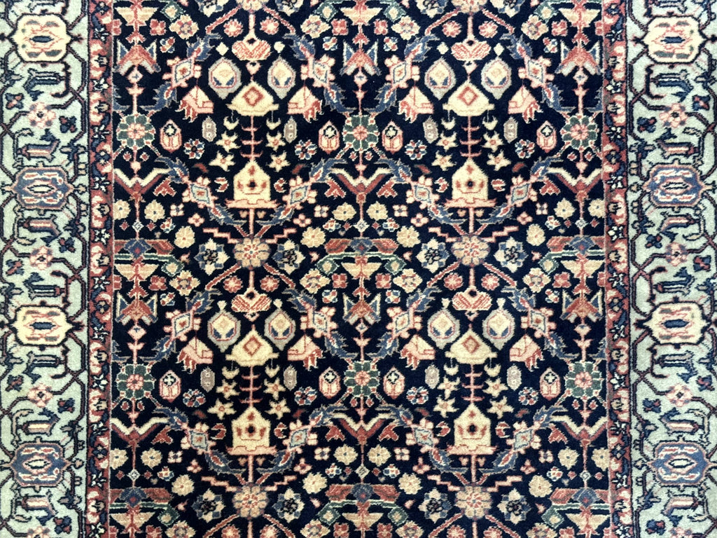 Indo Persian Runner Rug 2.8 x 12, Navy Blue, Floral, Fine 270 KPSI